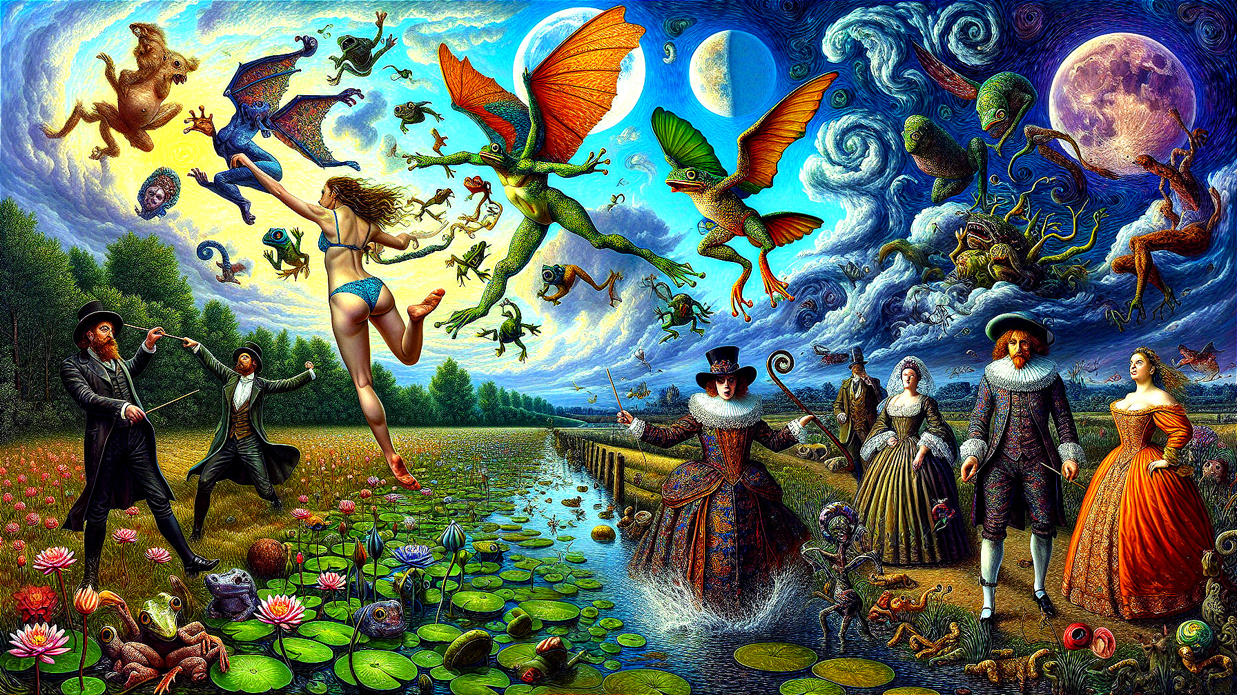 Surreal Landscape with Fantastical Creatures and Figures