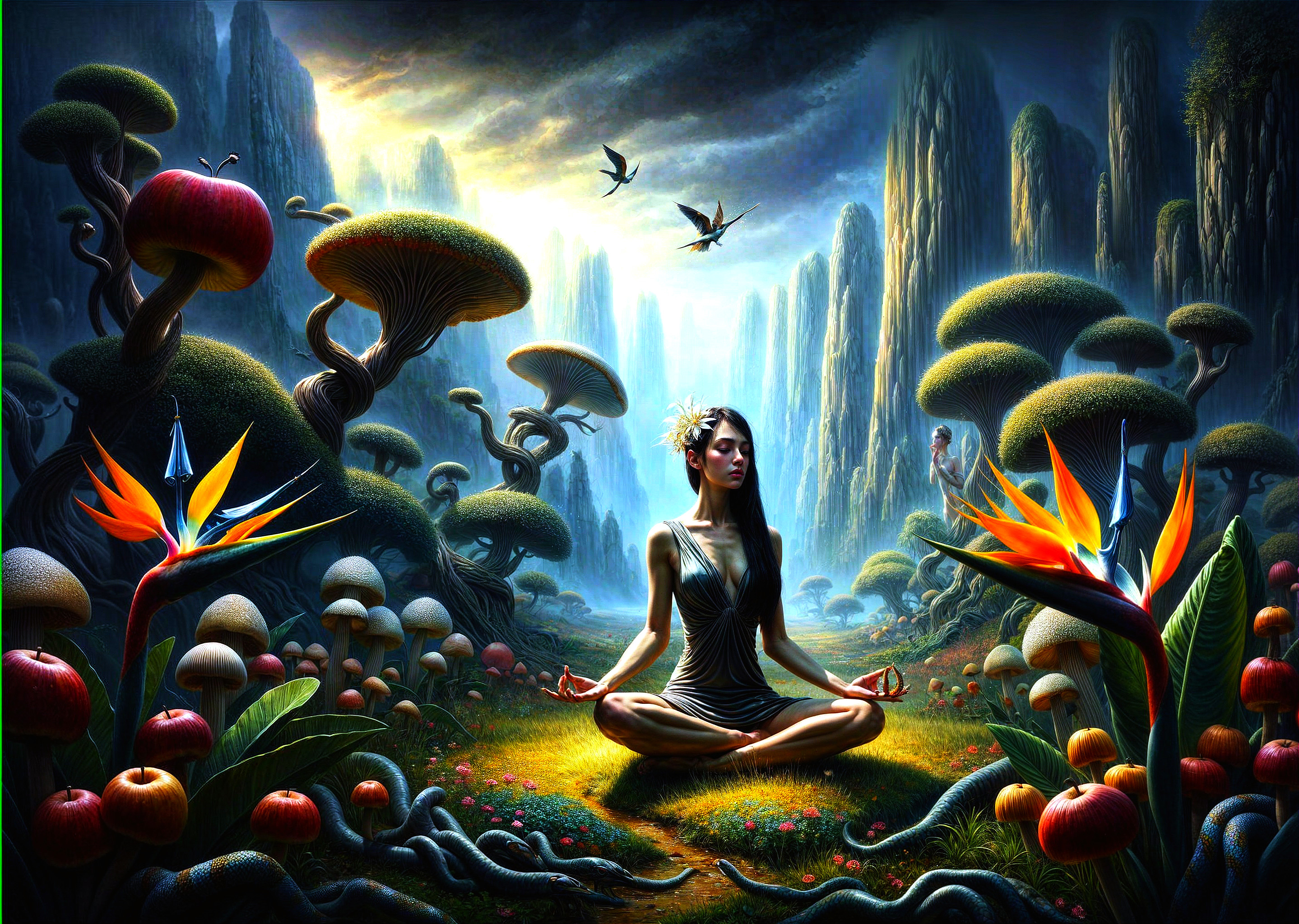 Serene Woman Meditating in a Vibrant Landscape