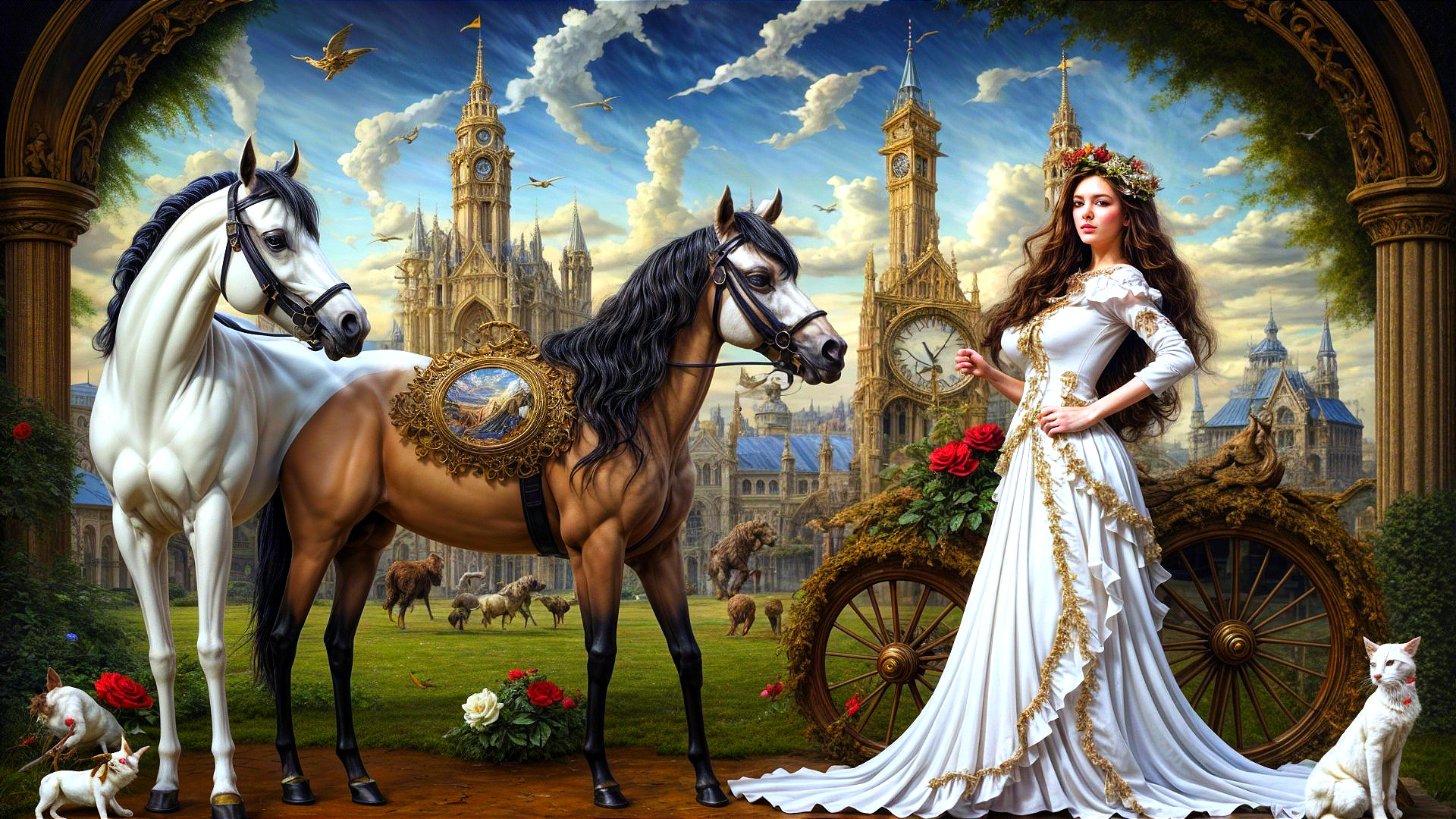 Mystical Scene of Woman, Horses, and Grand Castle