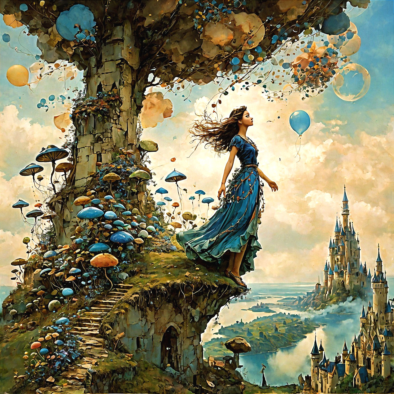 Whimsical Scene with Woman, Mushrooms, and Castle