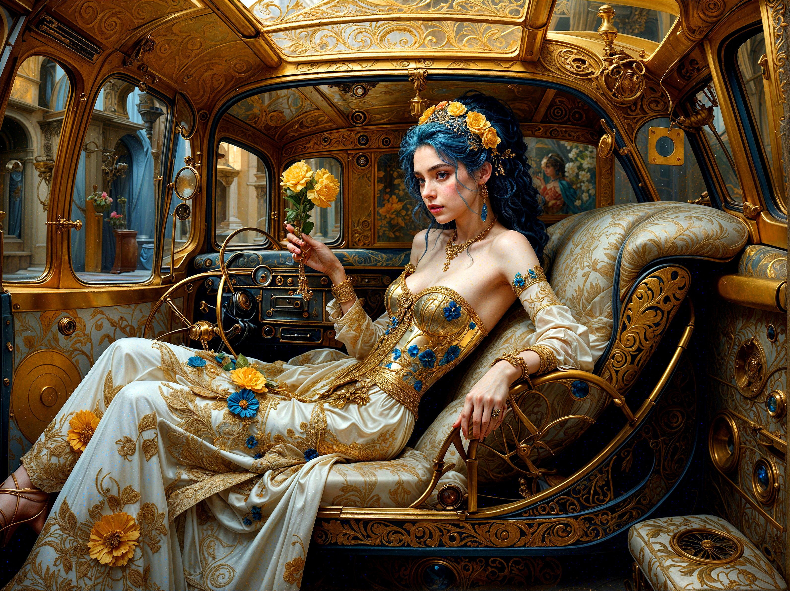 Young Woman in Vintage Car with Floral Elegance