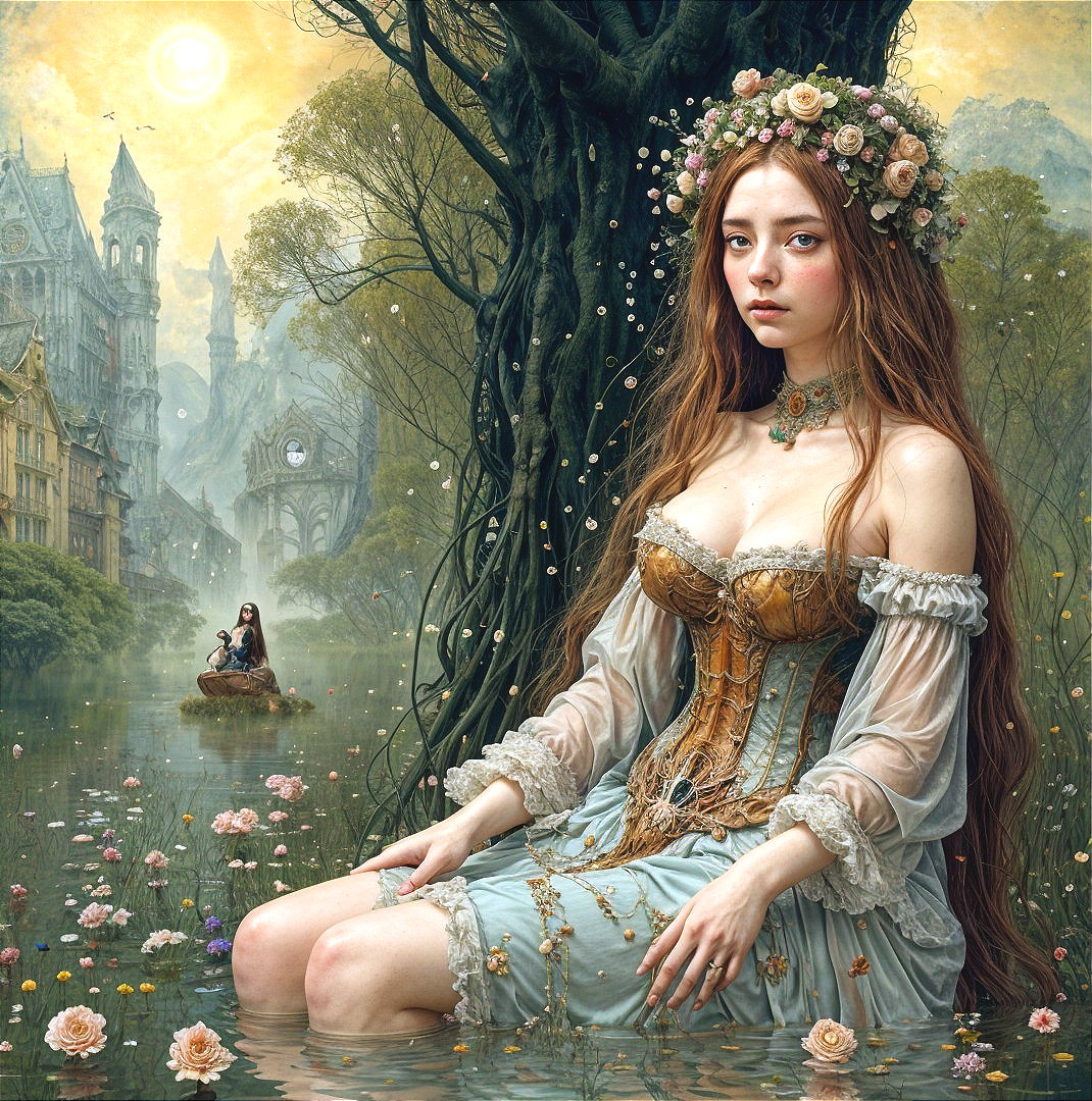 Young Woman by Tranquil Pond in Ethereal Setting