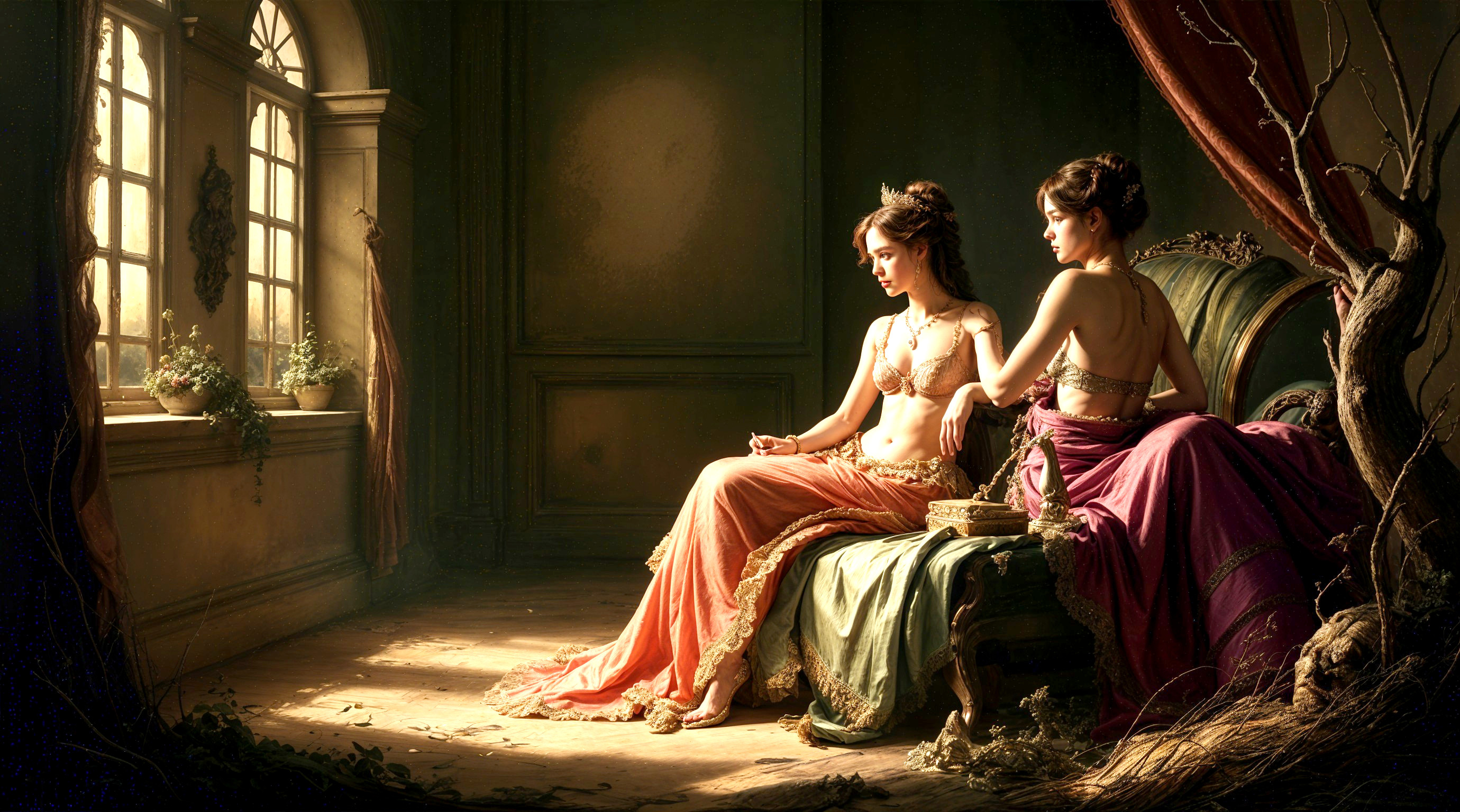 Elegantly Dressed Women in Richly Adorned Interior