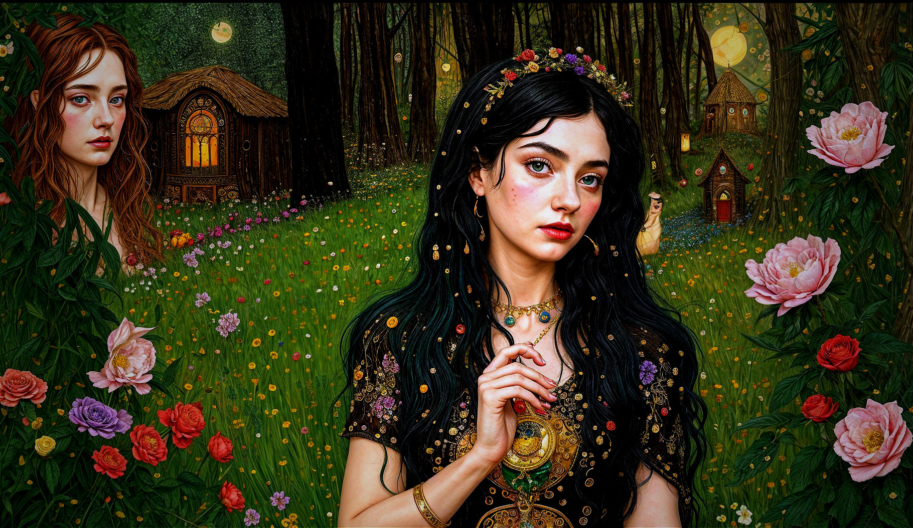 Mystical Forest Scene with Enchanted Women and Flowers