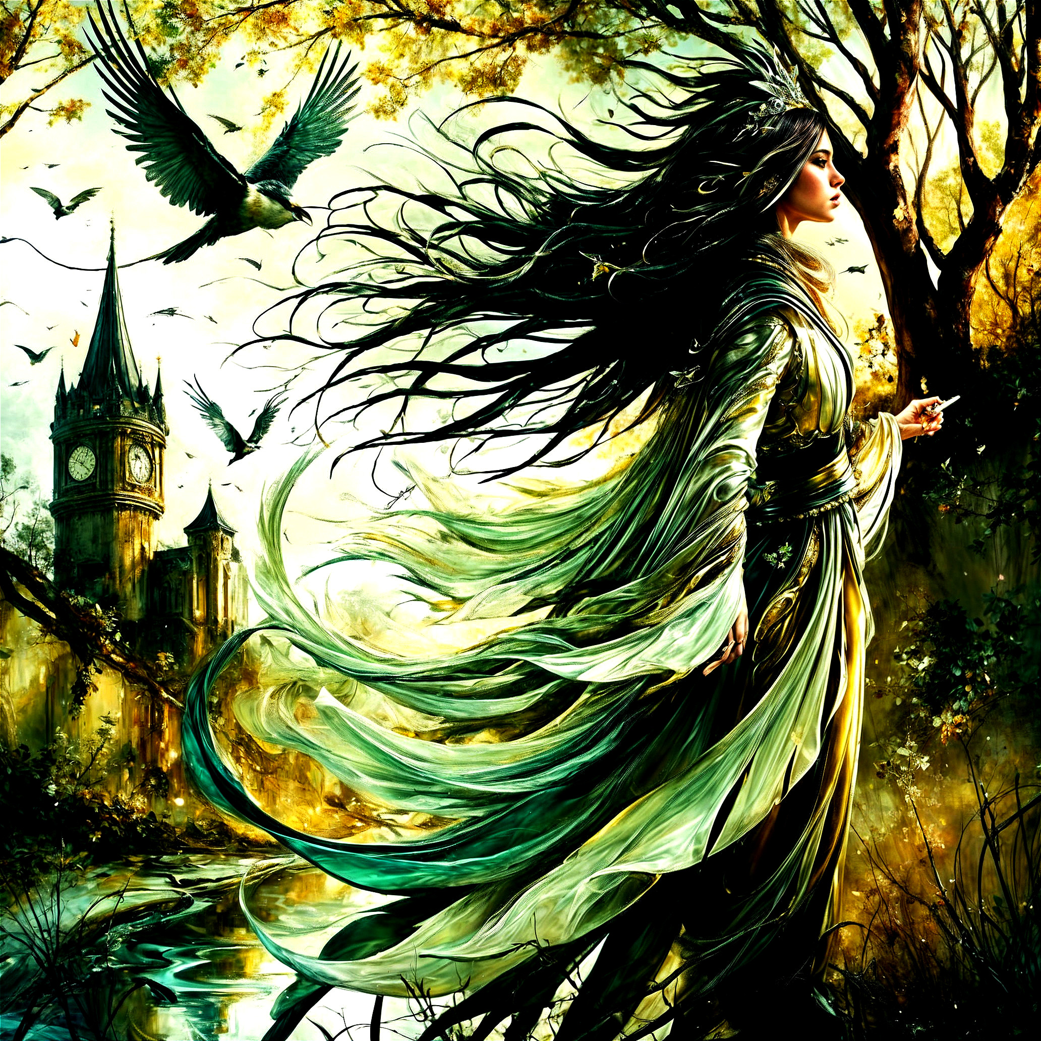 Mystical figure in green robes by tranquil stream