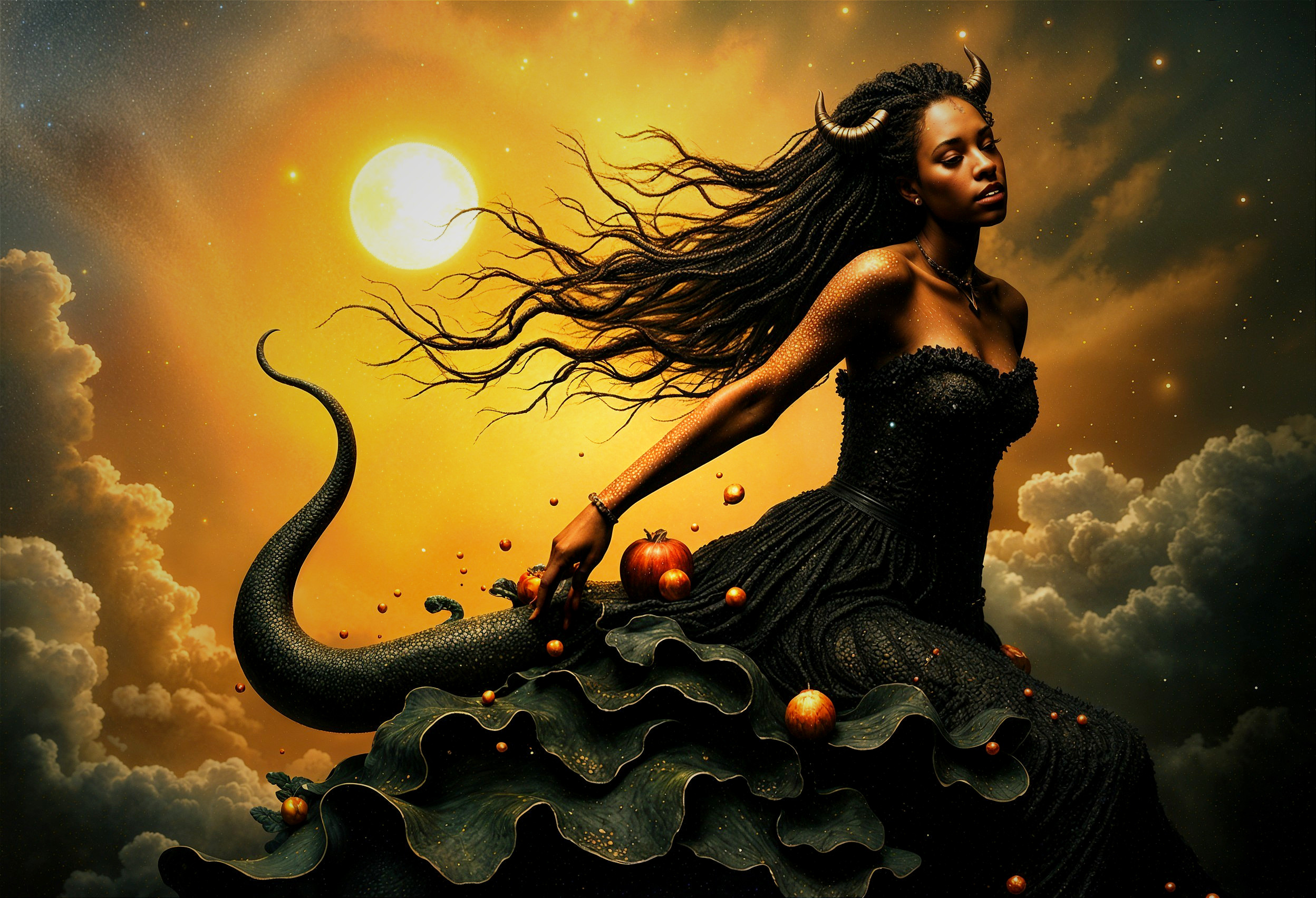 Elegant figure in textured black gown against twilight sky