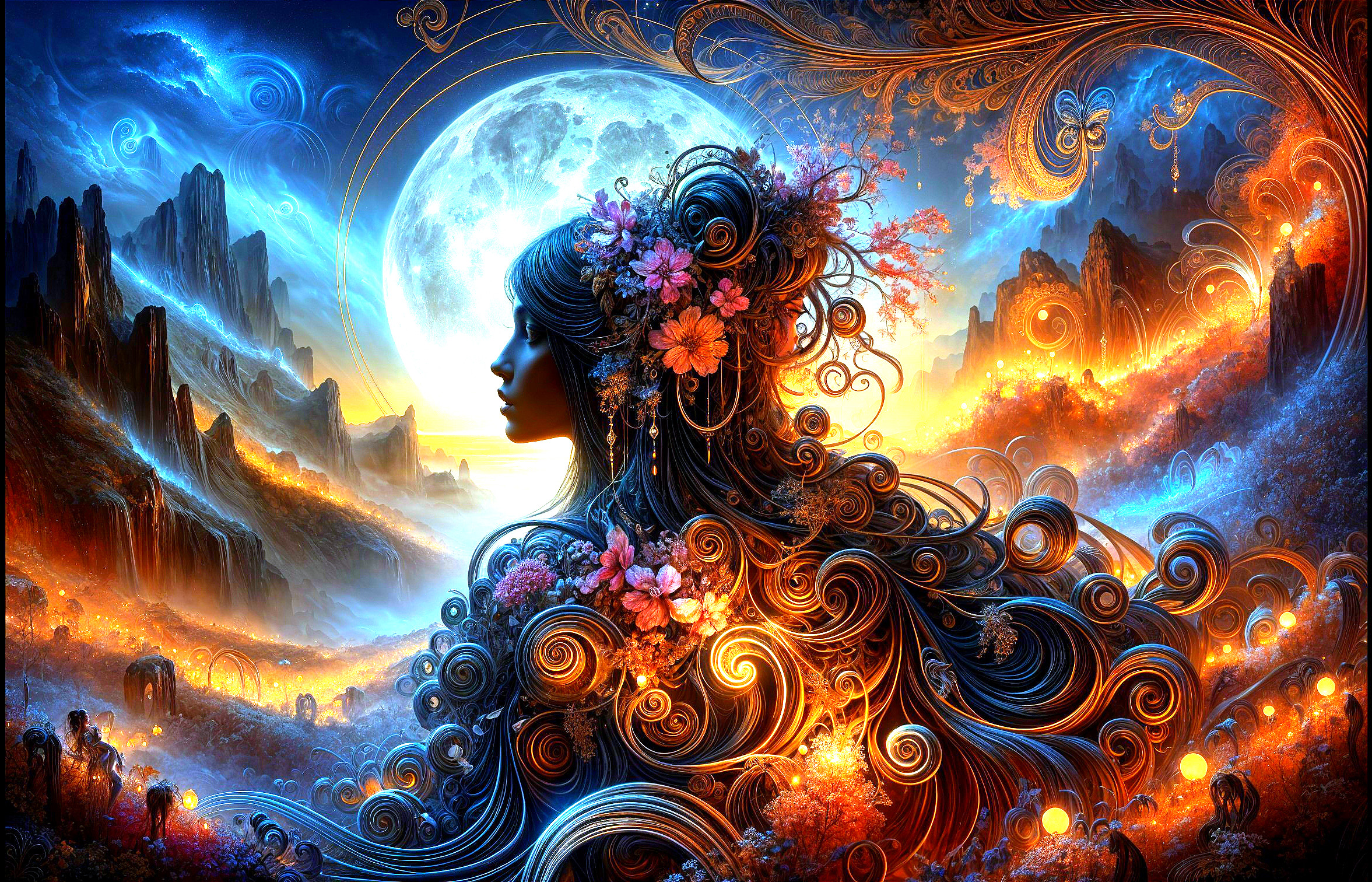 Silhouetted Woman with Flowers in Vibrant Landscape