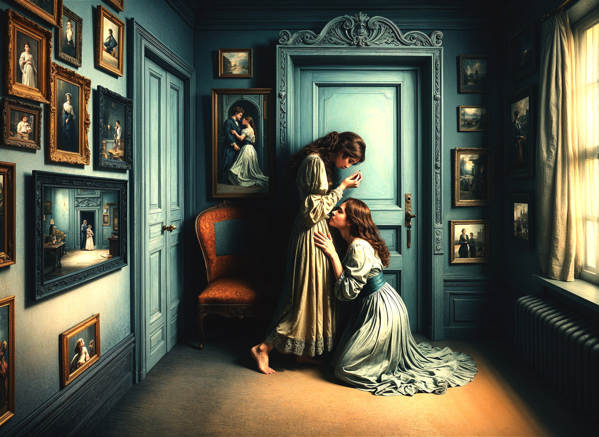 Emotional Moment Between Two Women in Antique Hallway