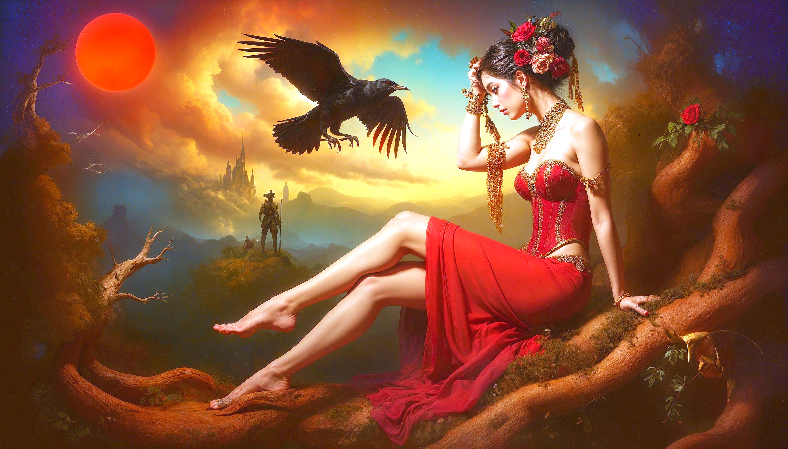 Mystical Scene of Woman in Red Dress on Tree Branch