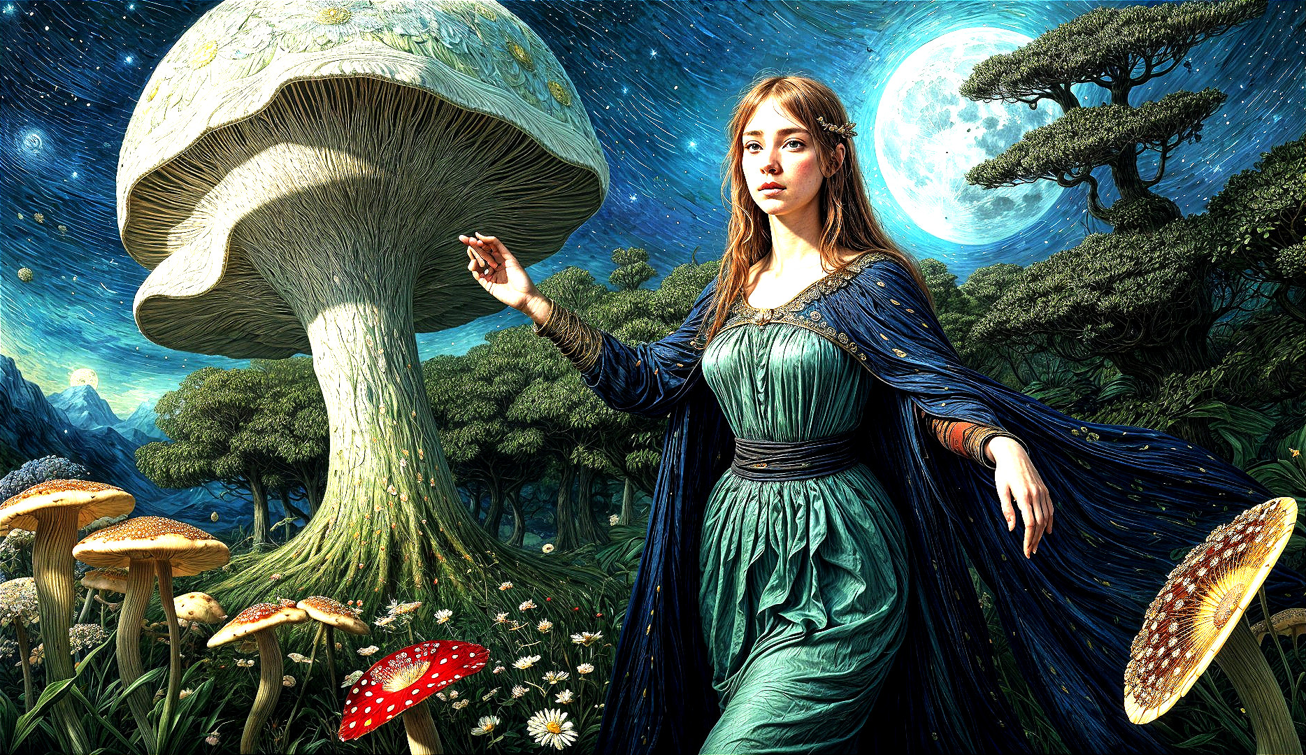 Magical Forest Scene with Woman in Blue Cloak