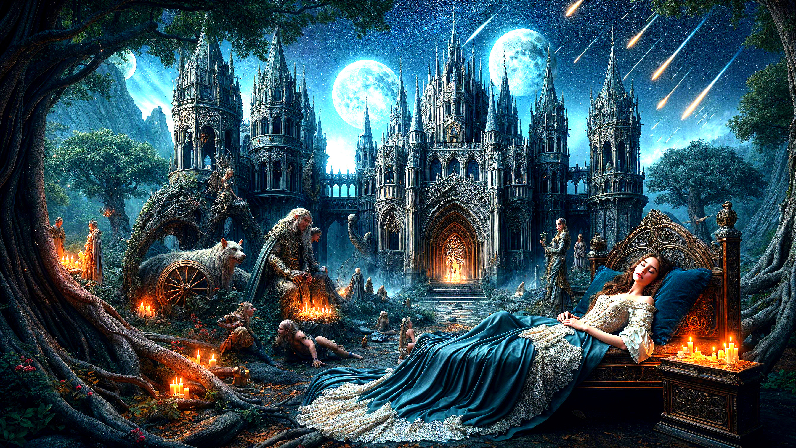 Mystical Castle Under Starry Sky with Ethereal Figures