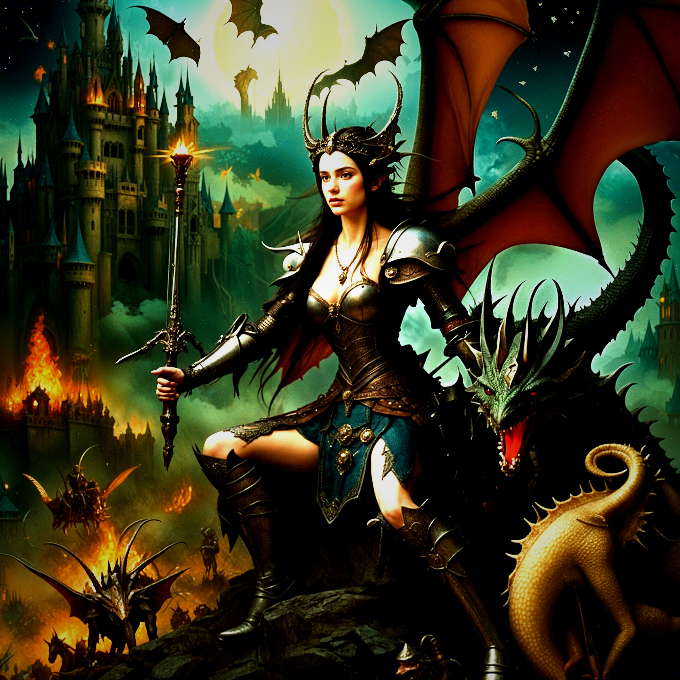 Warrior with Staff and Dragons in Fiery Landscape