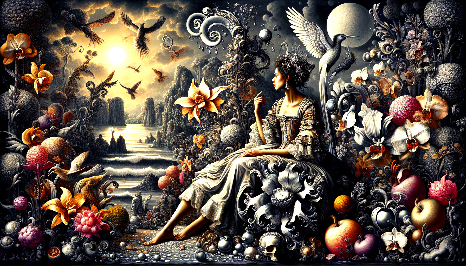 Elegant woman in surreal landscape with vibrant flora