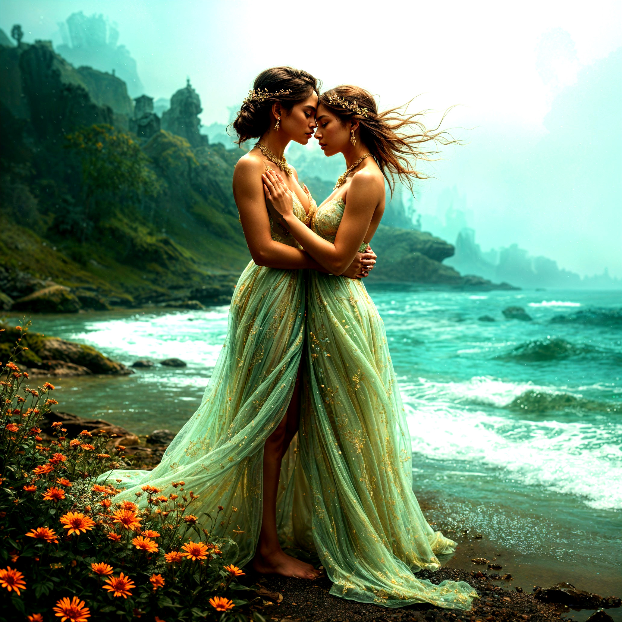 Women in Green Gowns by the Serene Coastline