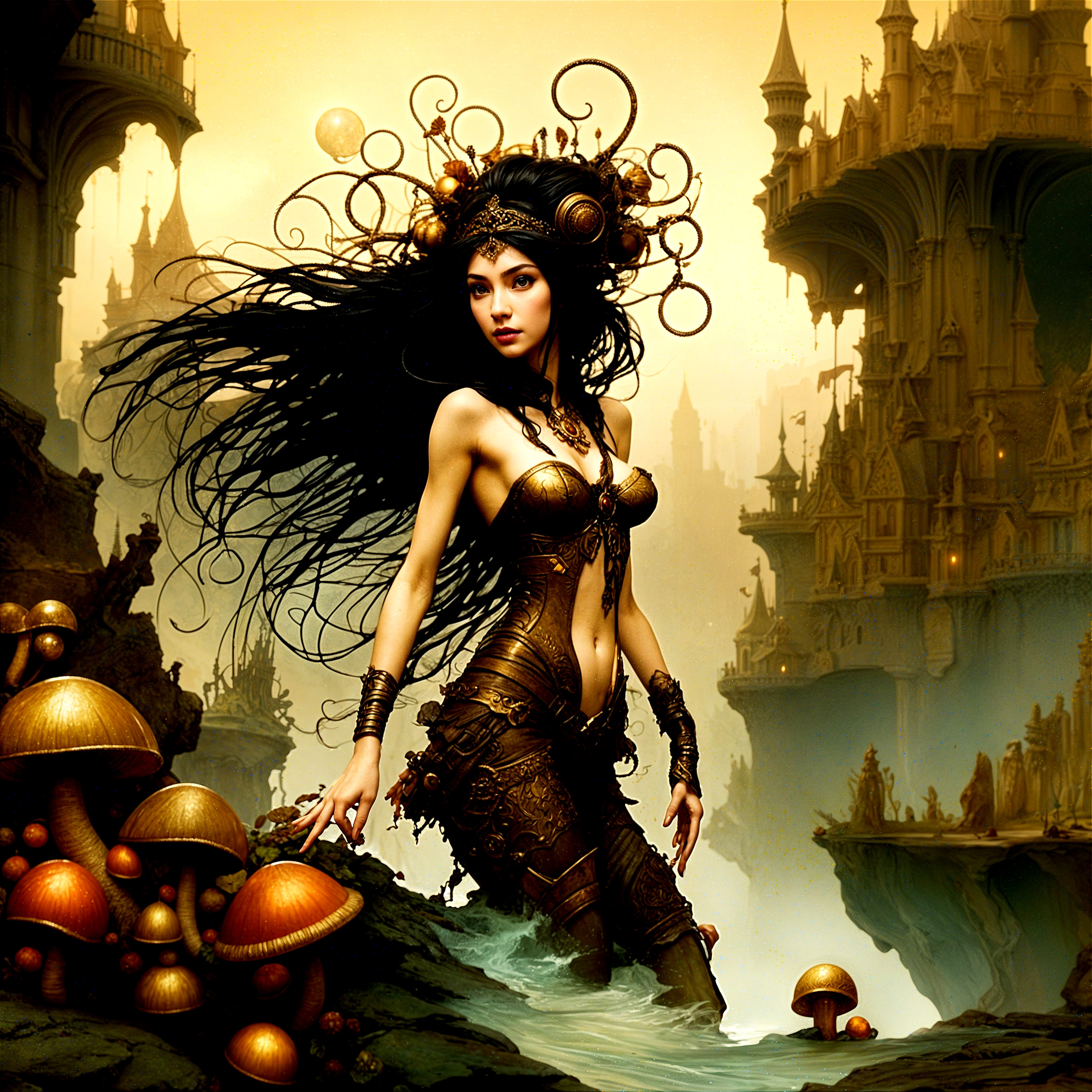 Surreal Scene with Mystical Figure and Ethereal Mushrooms