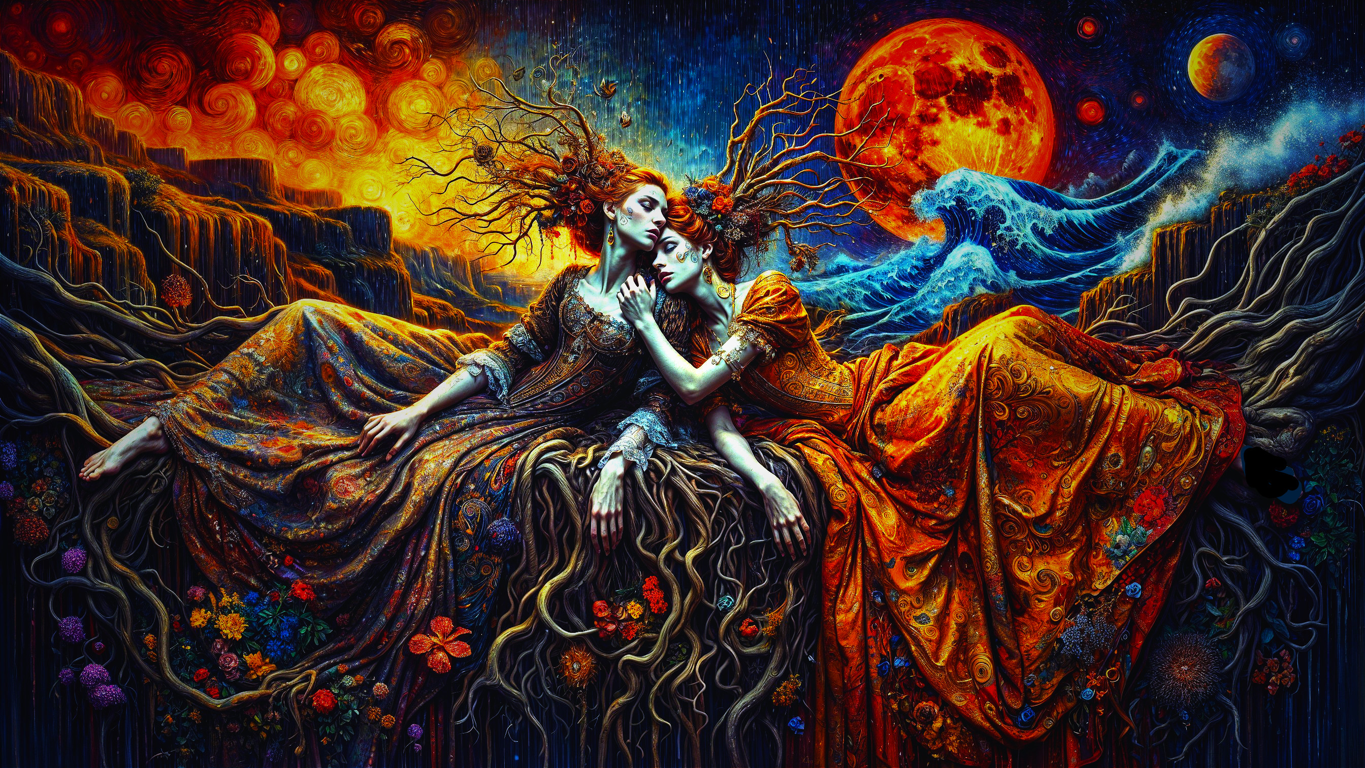 Ethereal Figures in Vibrant Celestial Landscape