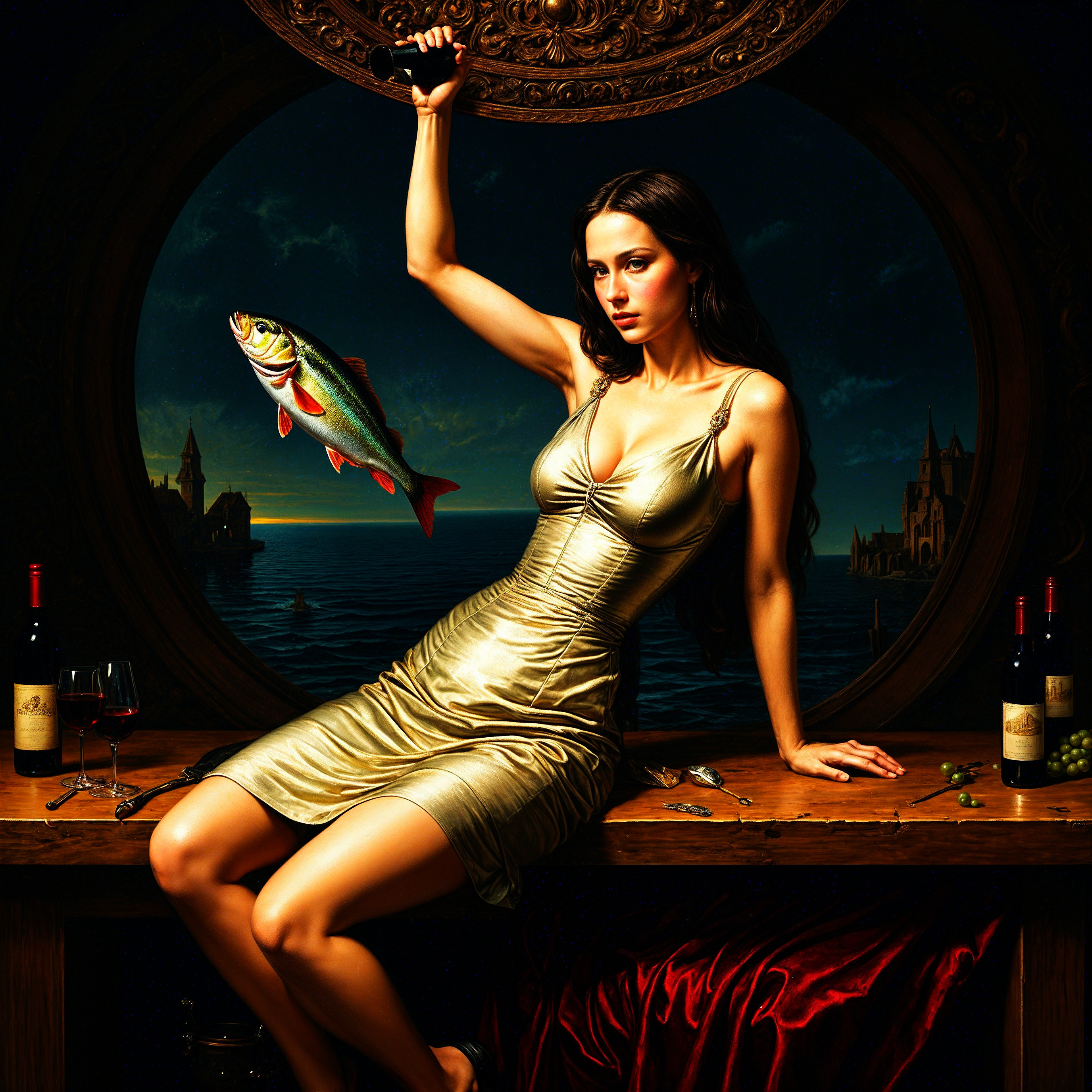 Woman in Gold Dress with Fish at Seascape Table