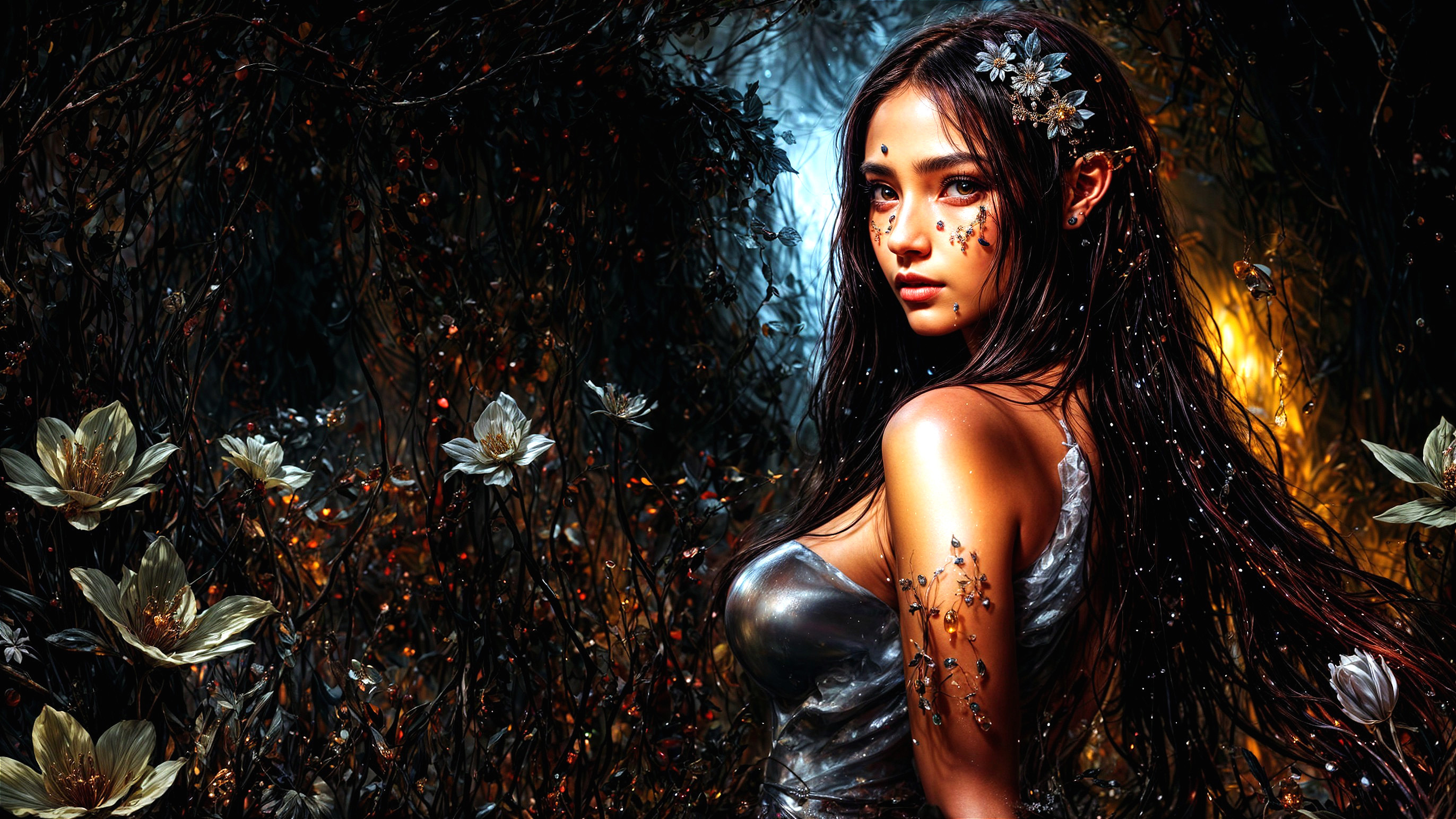 Mystical figure in a dark forest with glowing flowers
