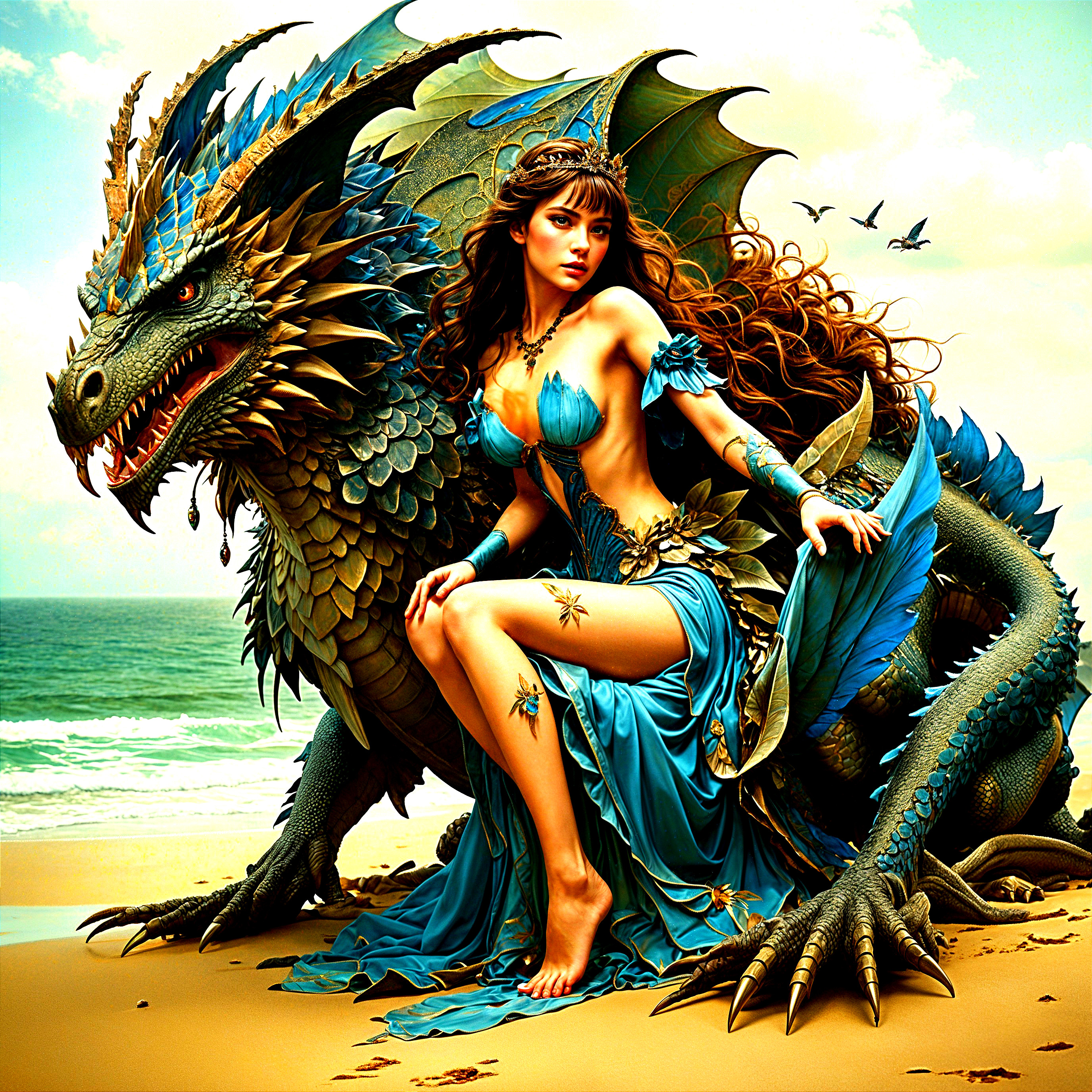 Dragon and Mystical Woman on a Sandy Beach Scene