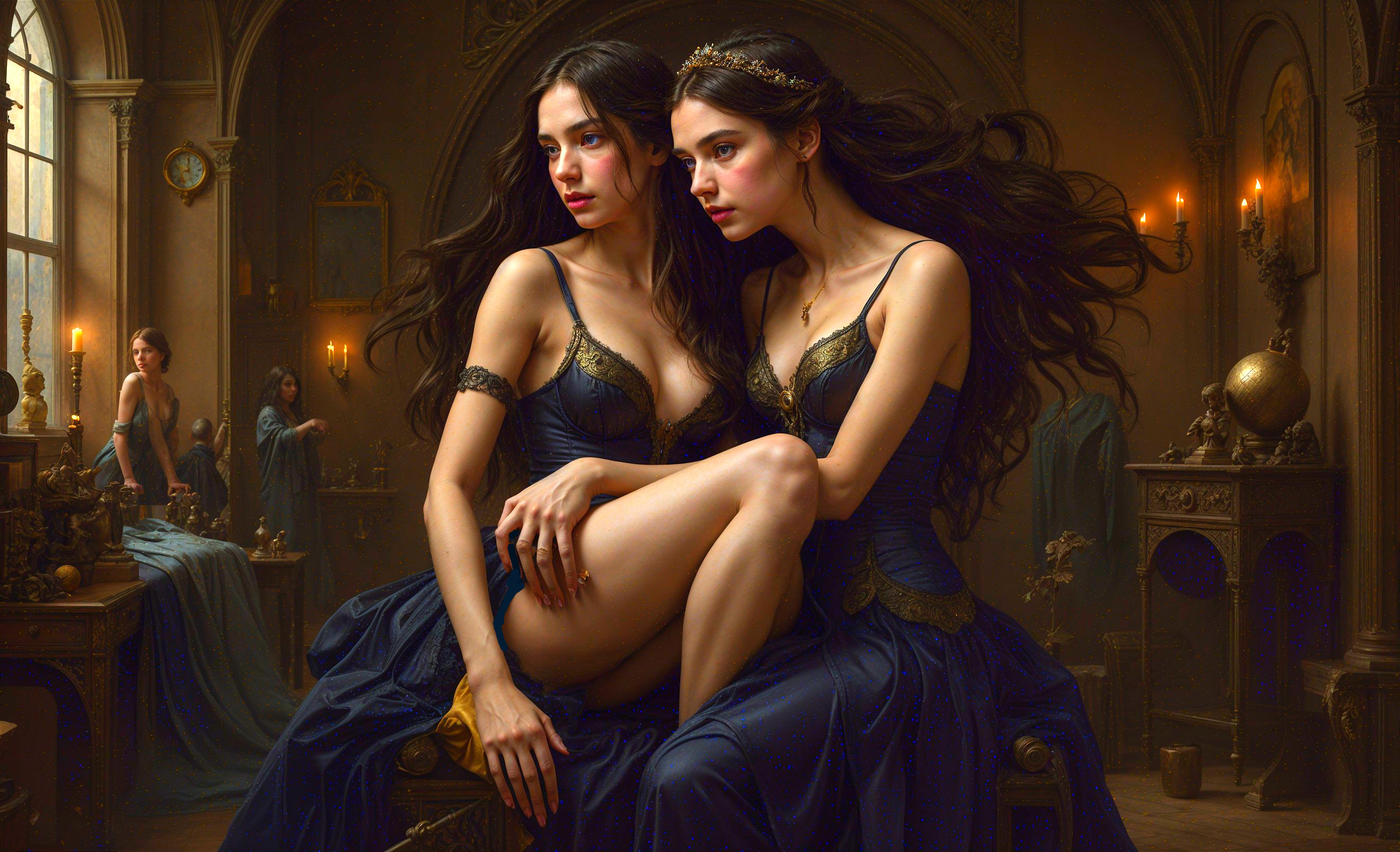 Elegant Women in Dark Blue Gowns in Opulent Room