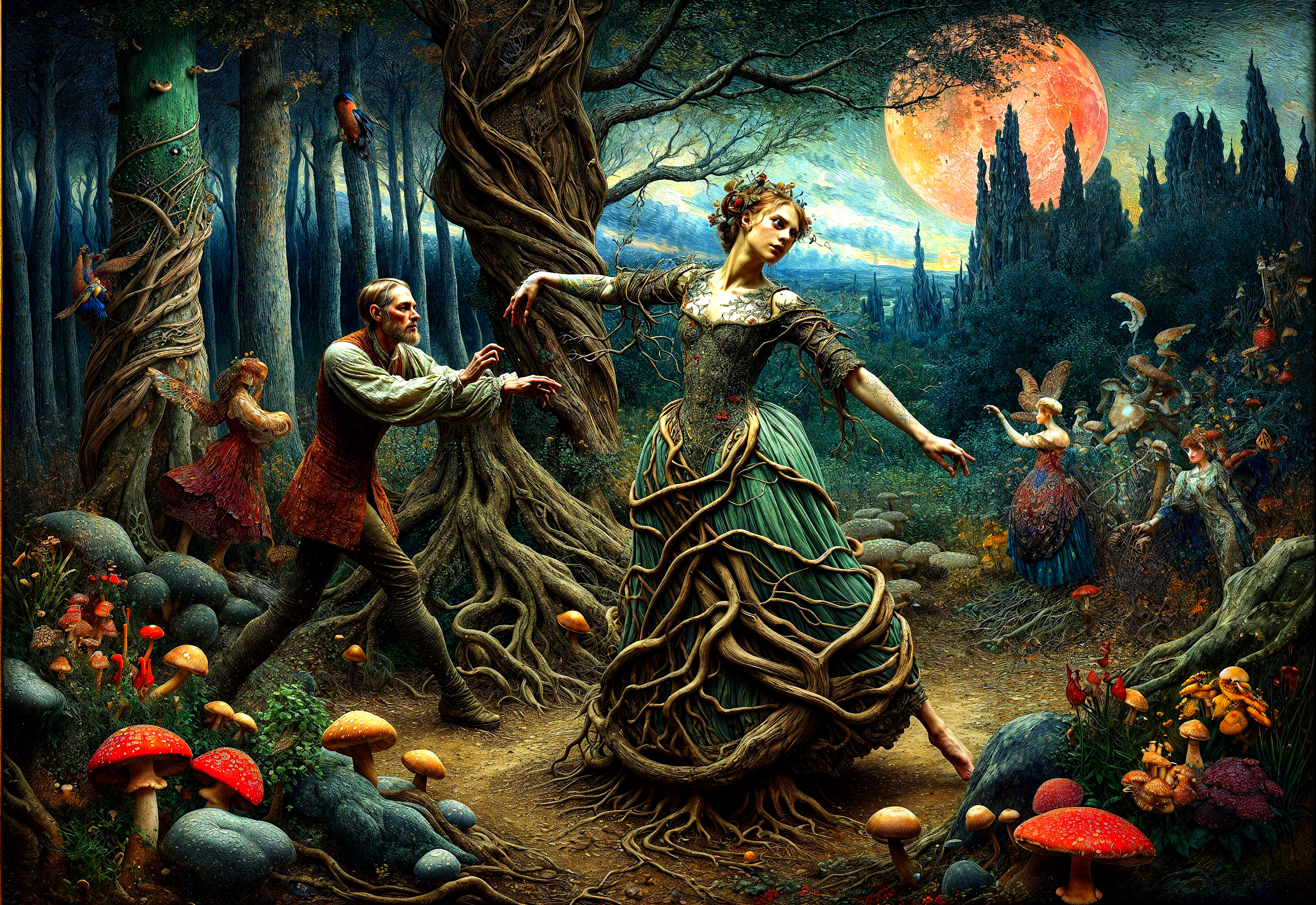 Magical Forest Scene with Fairies and Moonlit Romance