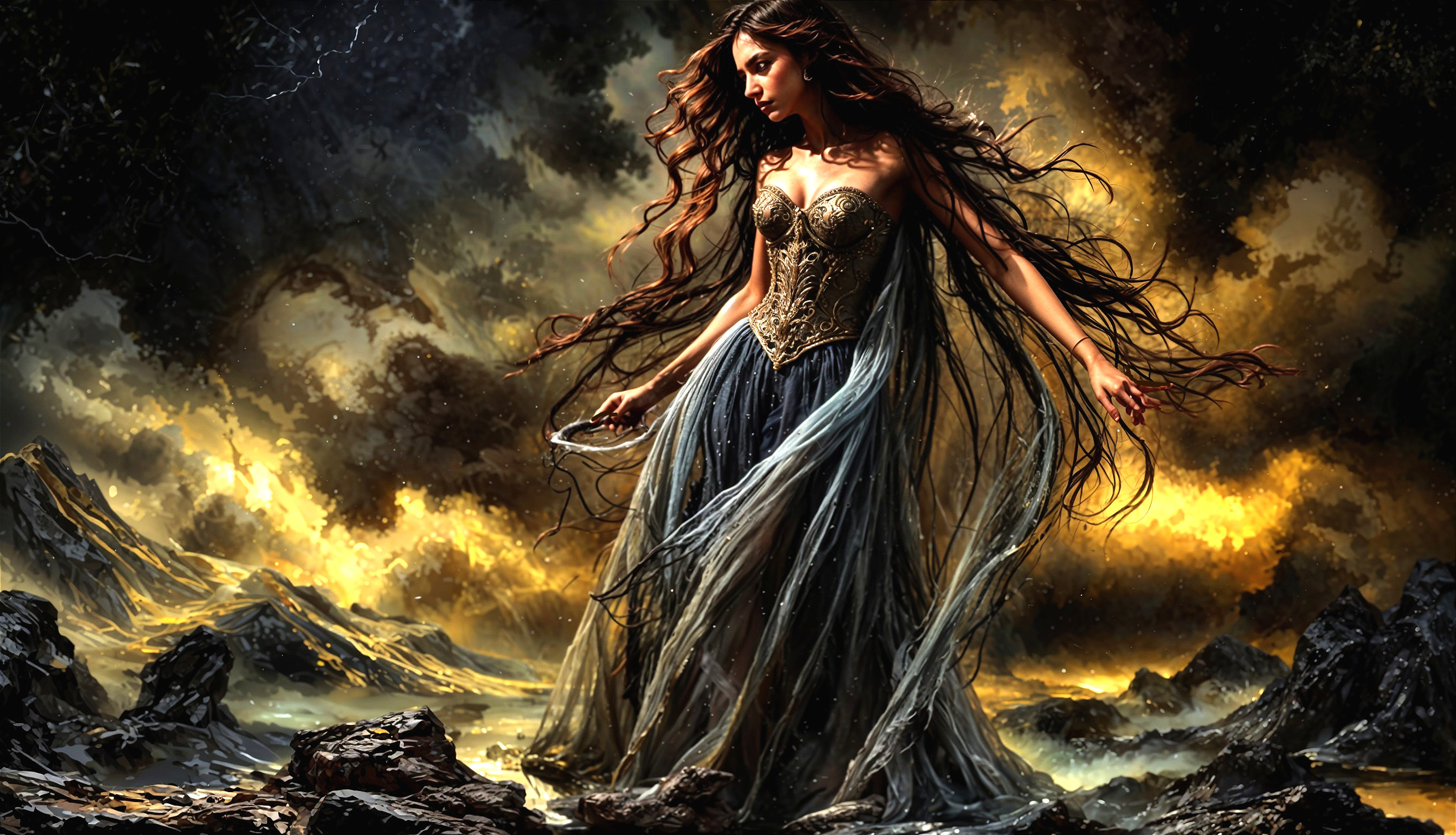 Mystical Figure in Fiery Landscape with Flowing Gown