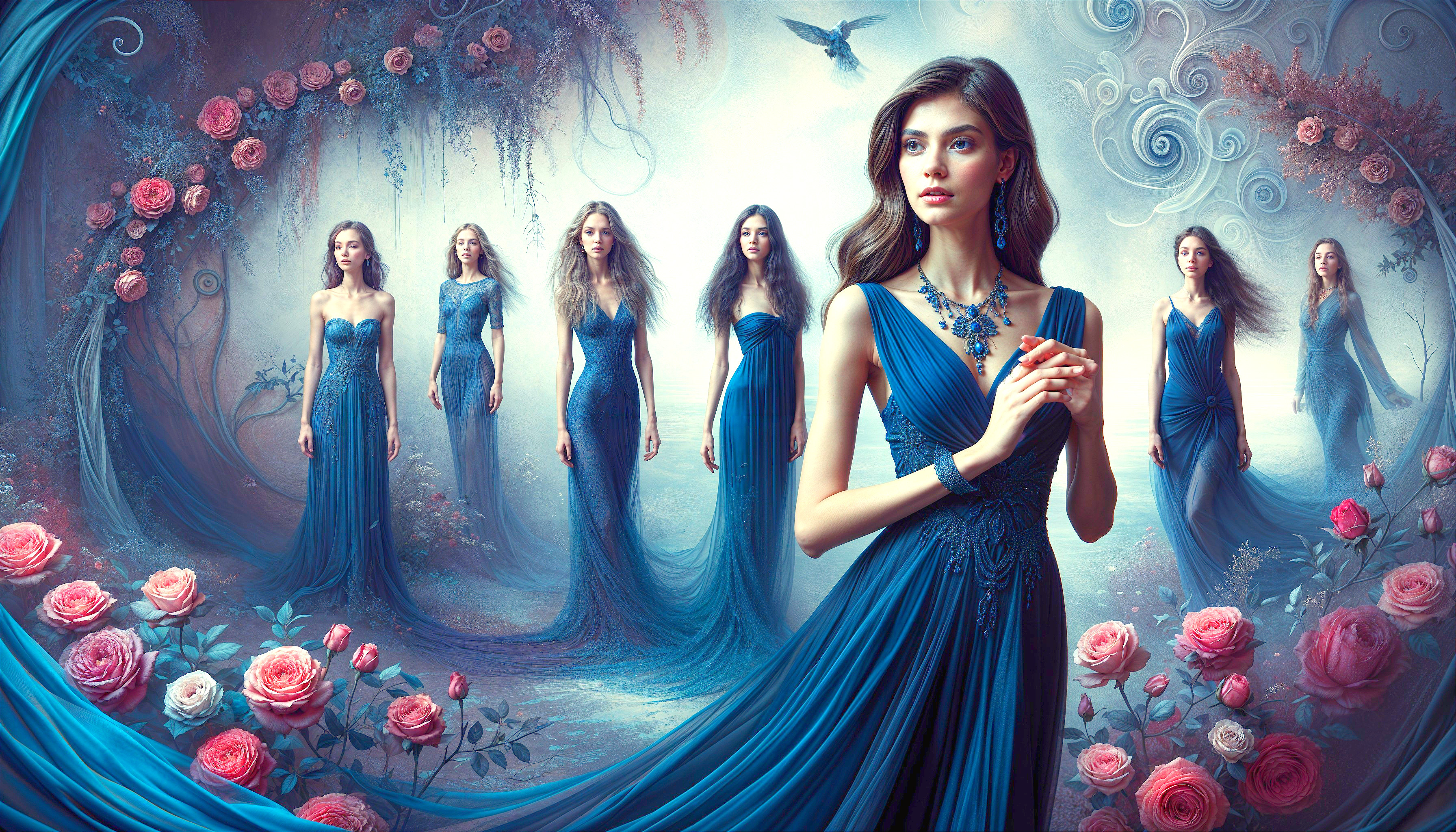 Elegant Figures in Blue Gowns Amidst Floral Patterns