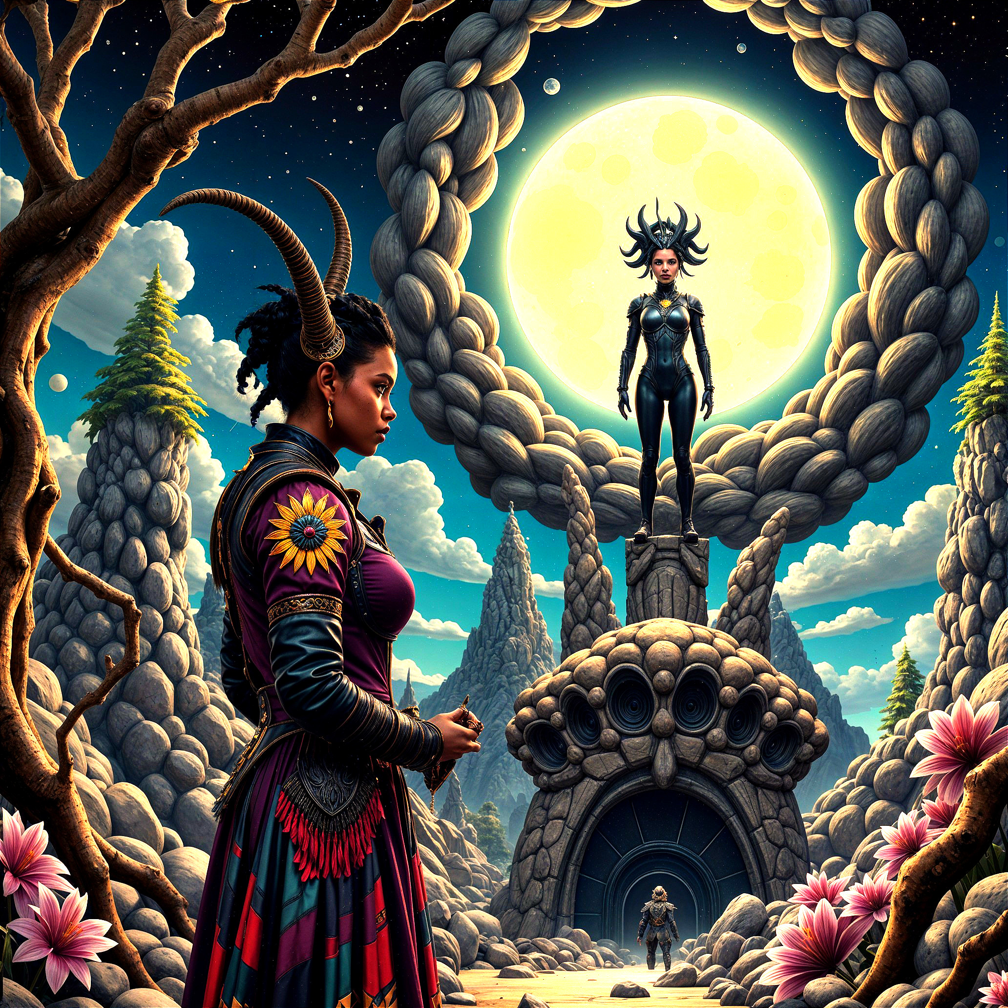 Surreal Landscape with Horned Figures and Flora