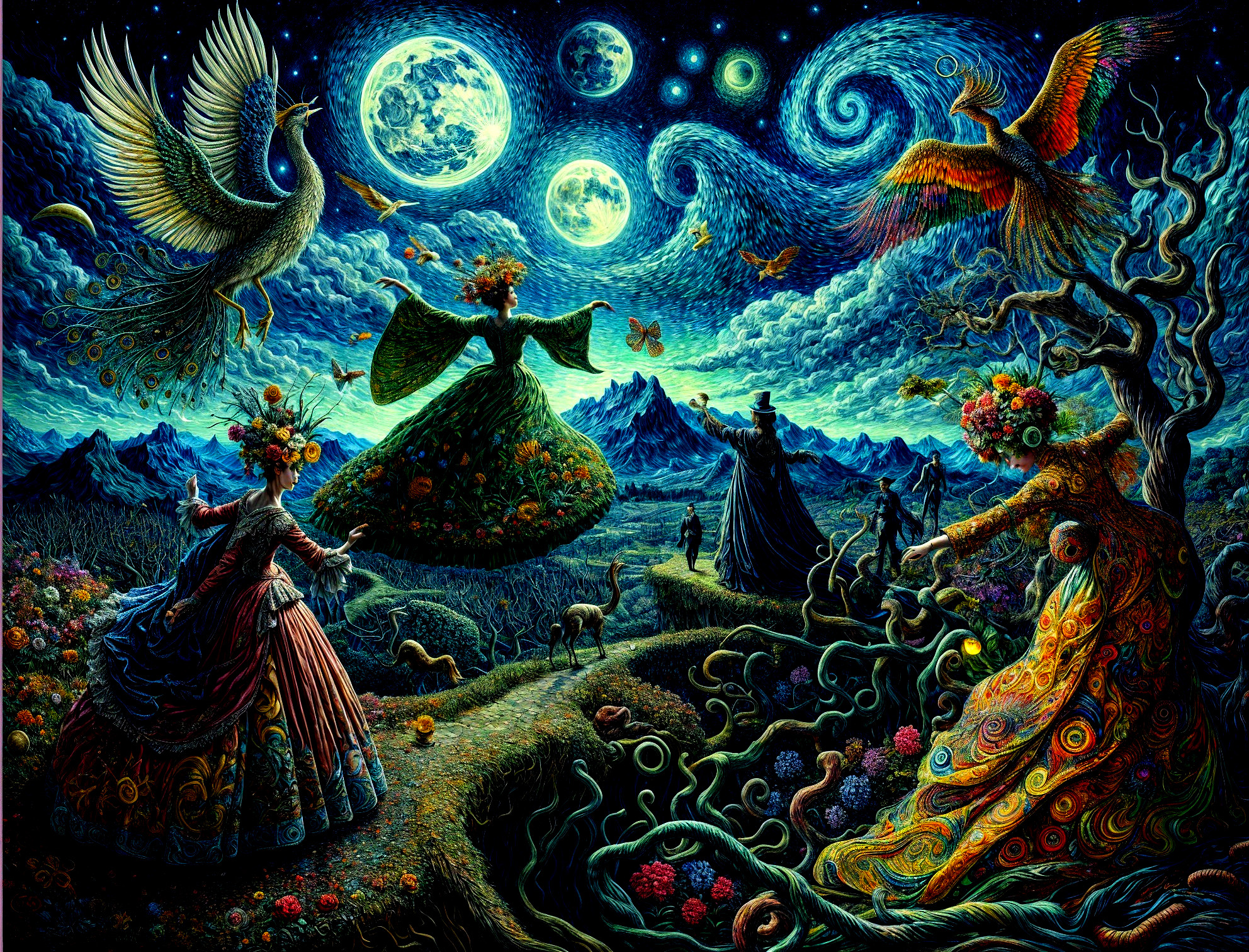 Surreal Landscape with Mystical Figures and Moons