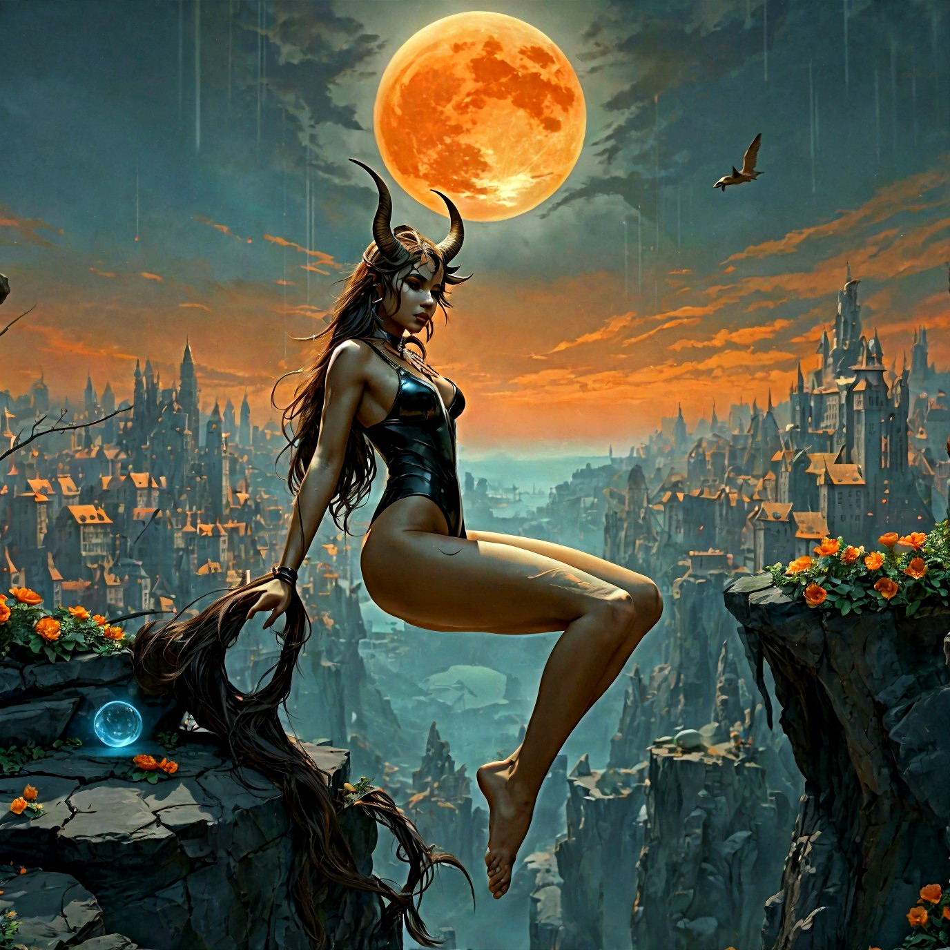 Mystical Figure on Cliff with Orange Moon and Cityscape