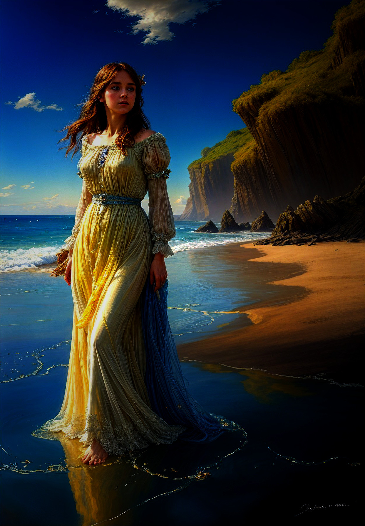 Young Woman in Flowing Dress on Sandy Beach