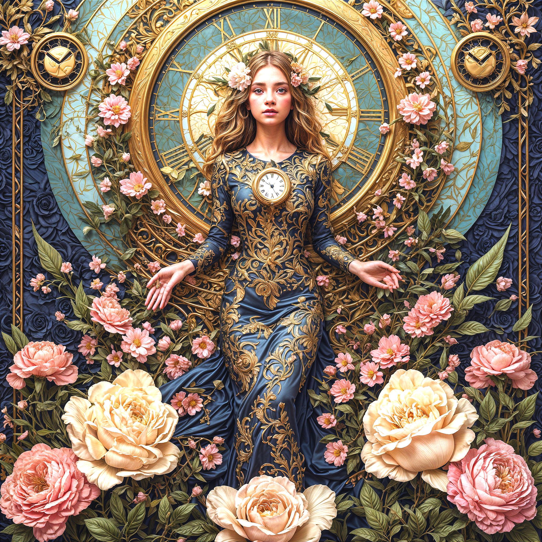 Young Woman in Blue Gown with Floral Arrangements