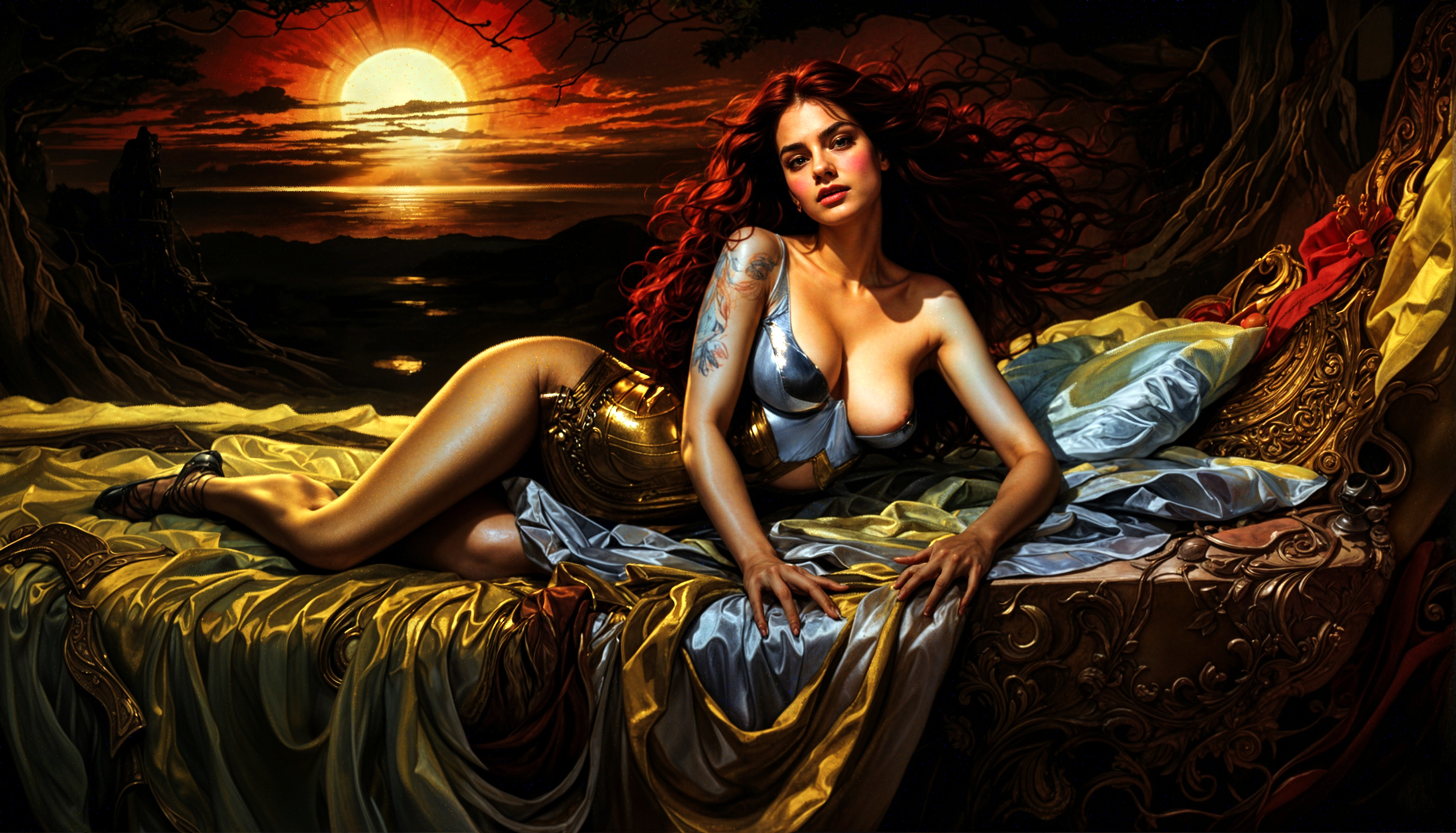 Captivating Woman on Opulent Bed at Sunset
