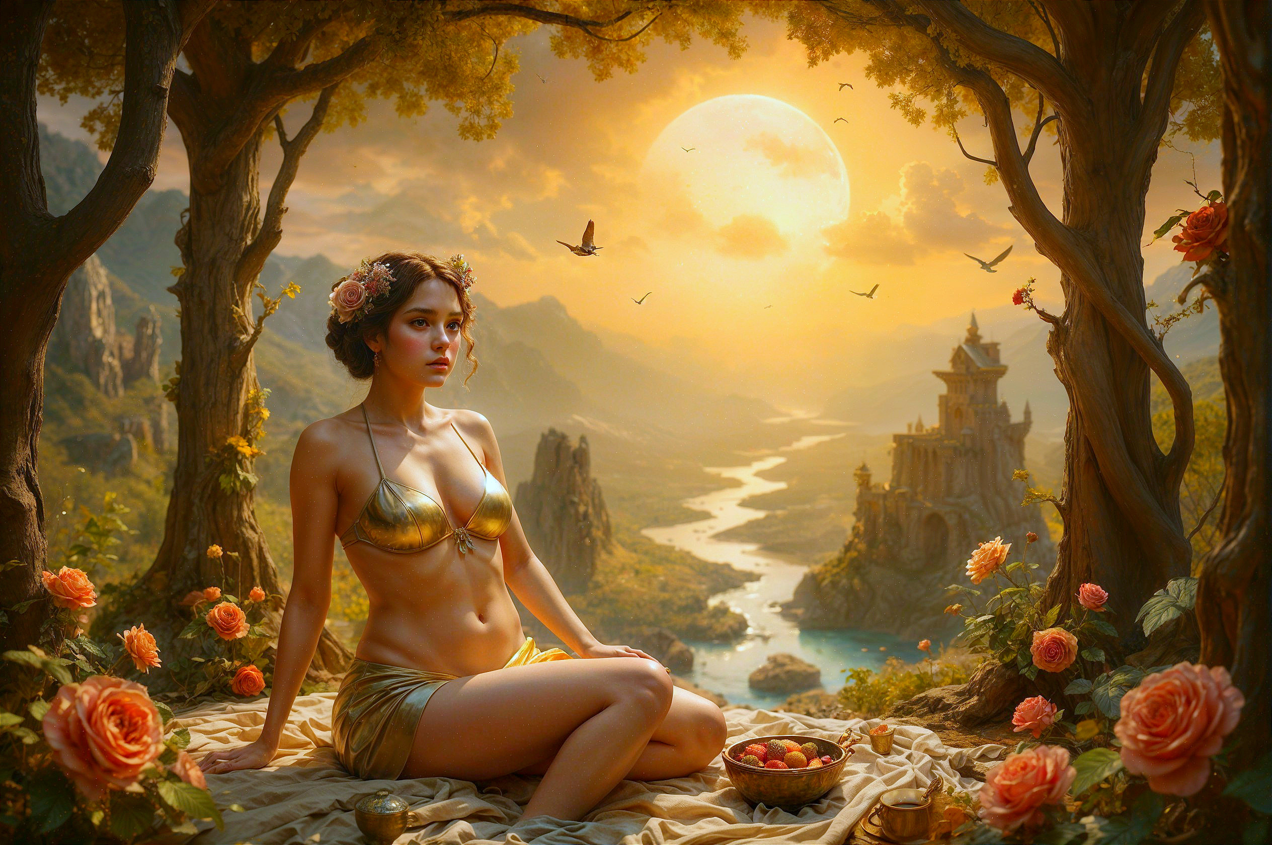 Young woman in gold in a magical landscape setting