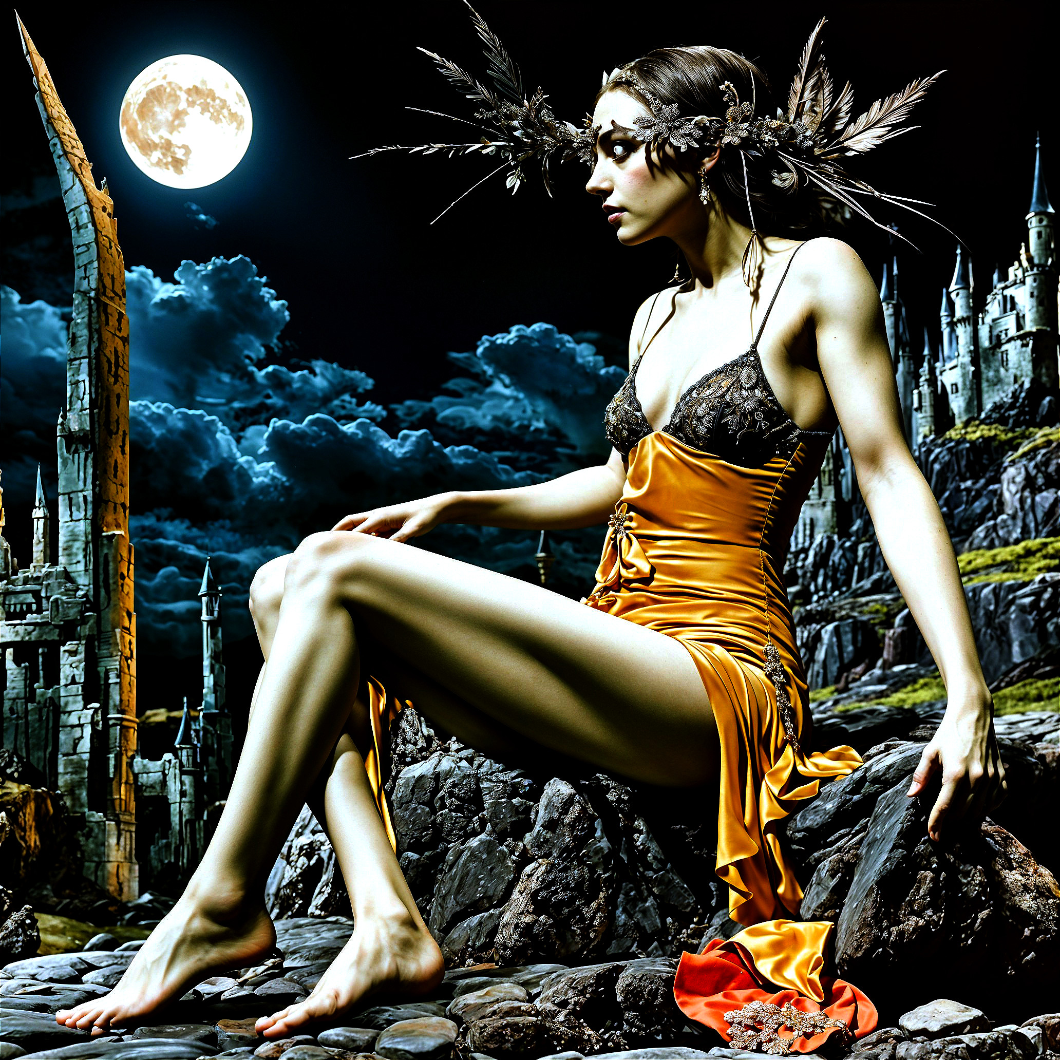Mystical Figure in Orange Gown Against Fantasy Landscape
