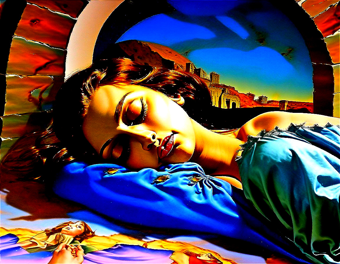 Vibrant Artwork of a Serene Woman in Dreamlike Landscape