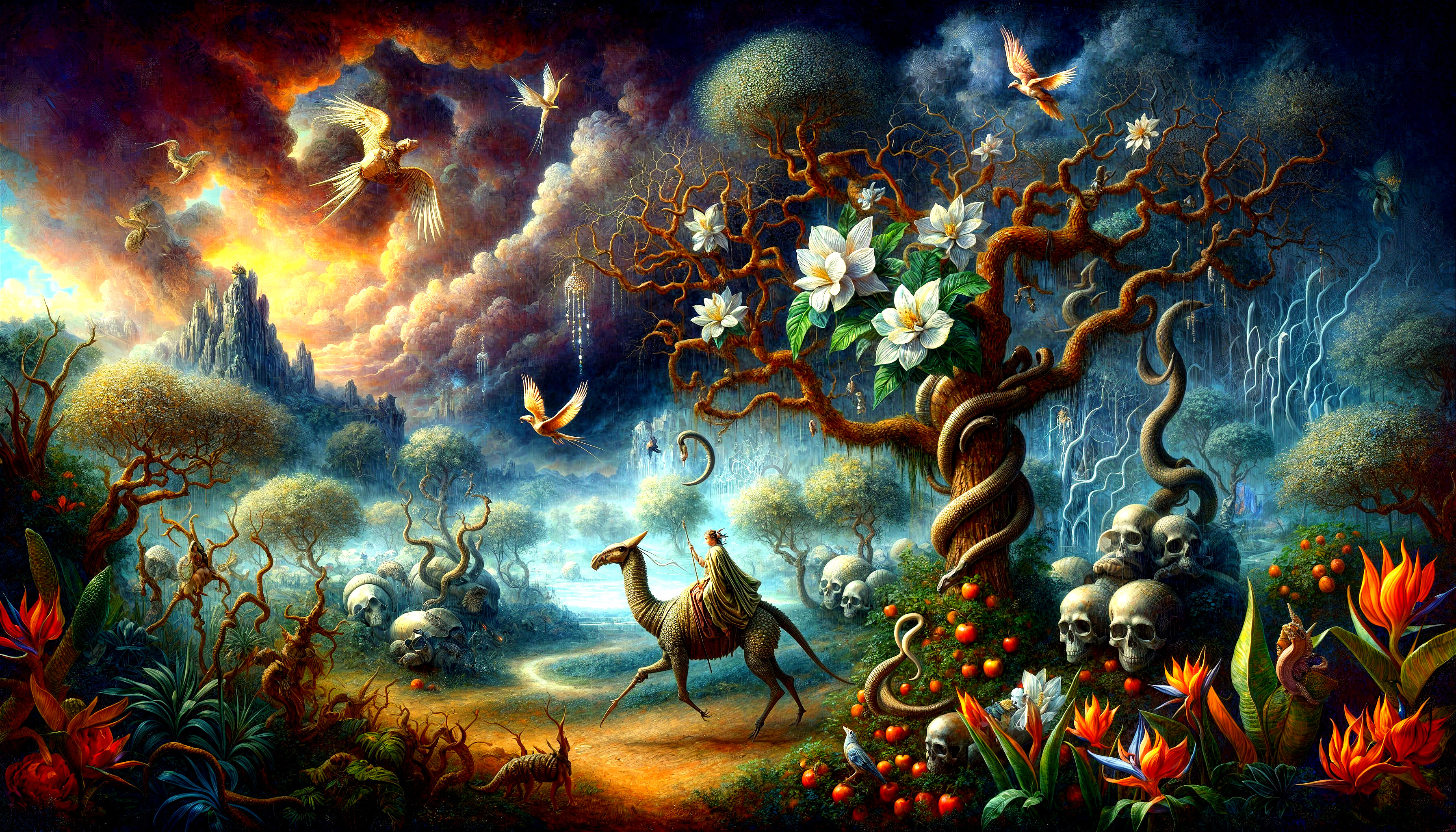 Surreal Landscape with Vibrant Colors and Mystical Elements