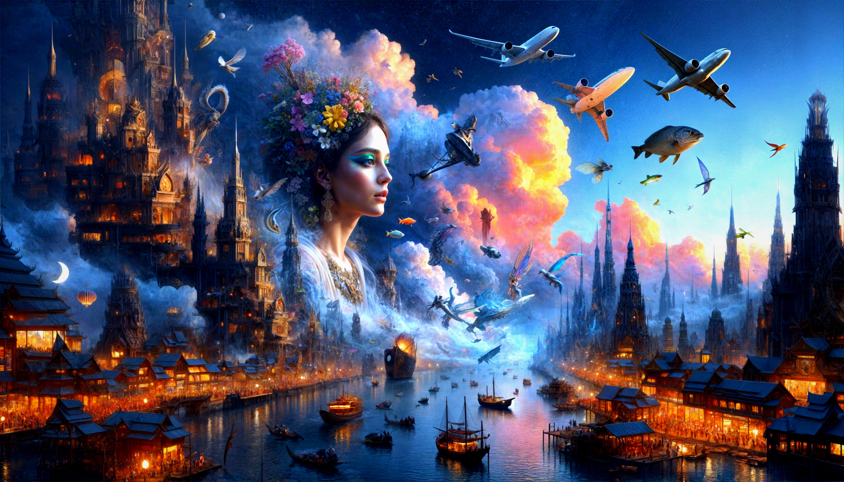 Surreal Landscape with Woman and Whimsical Elements