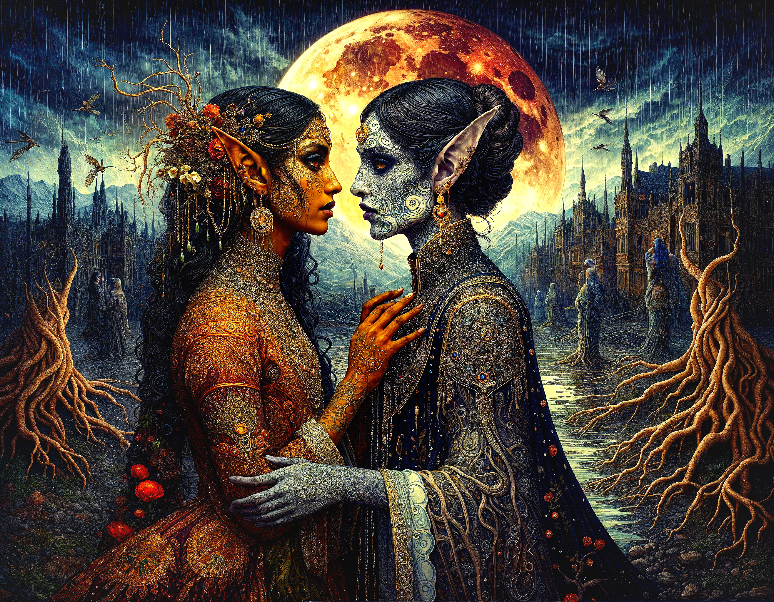 Mystical Landscape with Diverse Figures and Moonlight