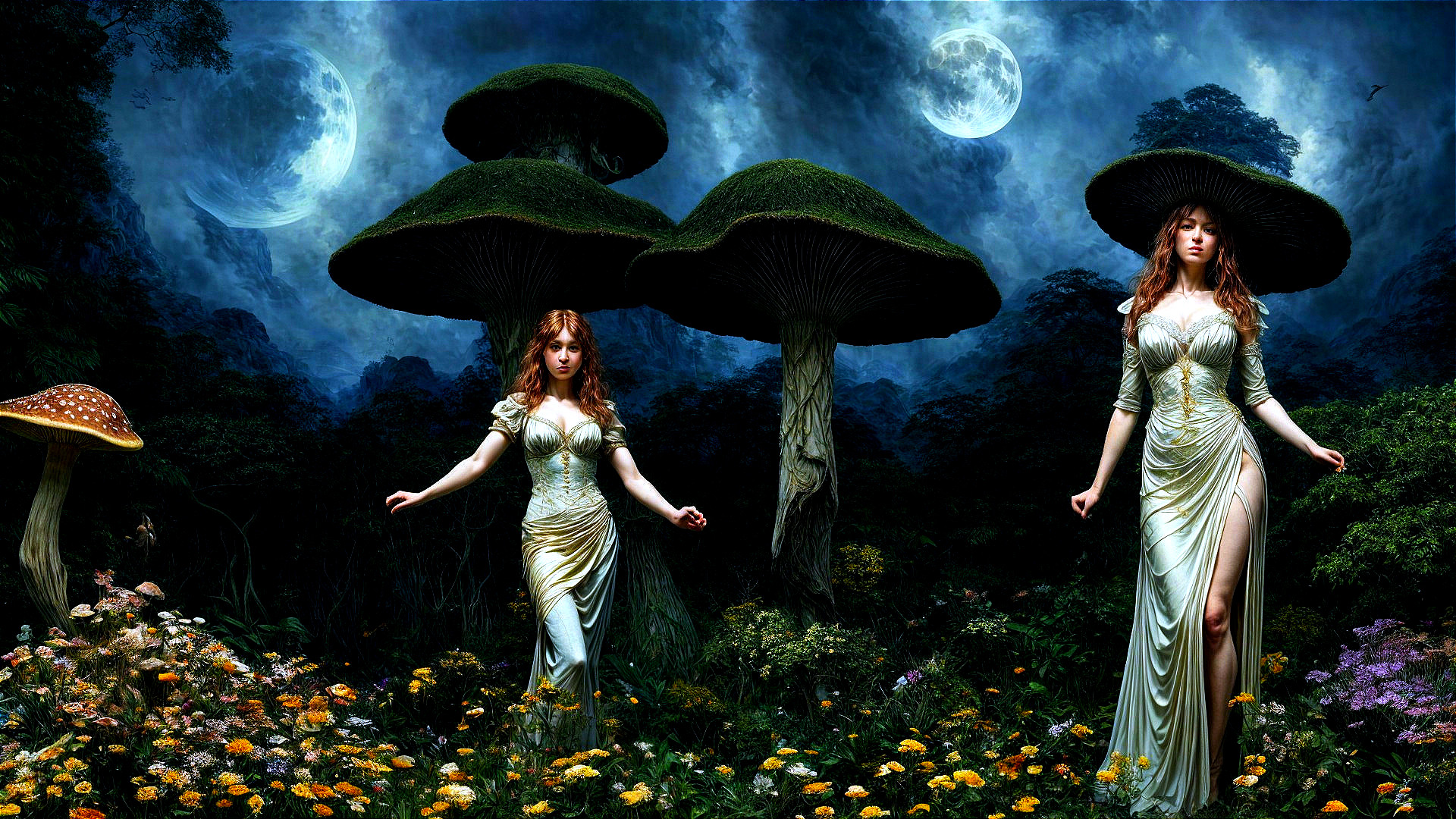 Ethereal Figures in Mystical Forest with Two Moons