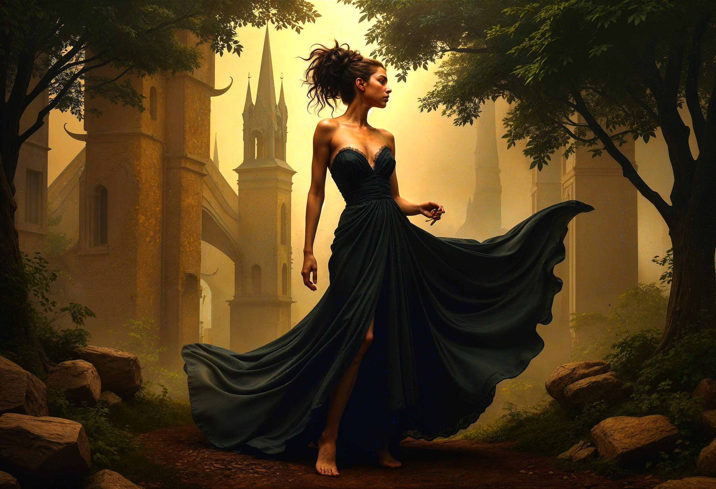 Graceful Figure in Dark Gown Amidst Mystical Landscape