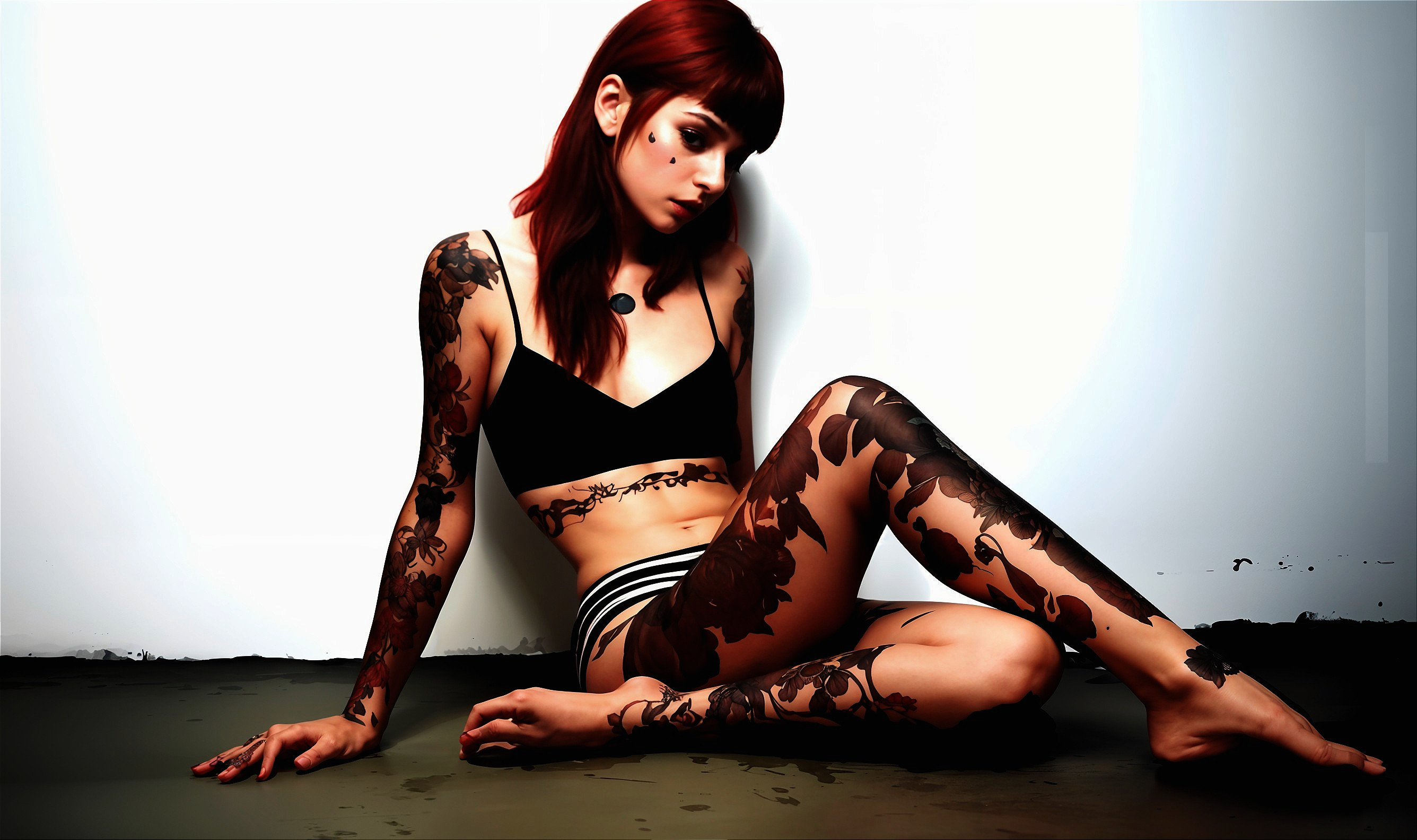 Young woman with red hair and floral tattoos seated
