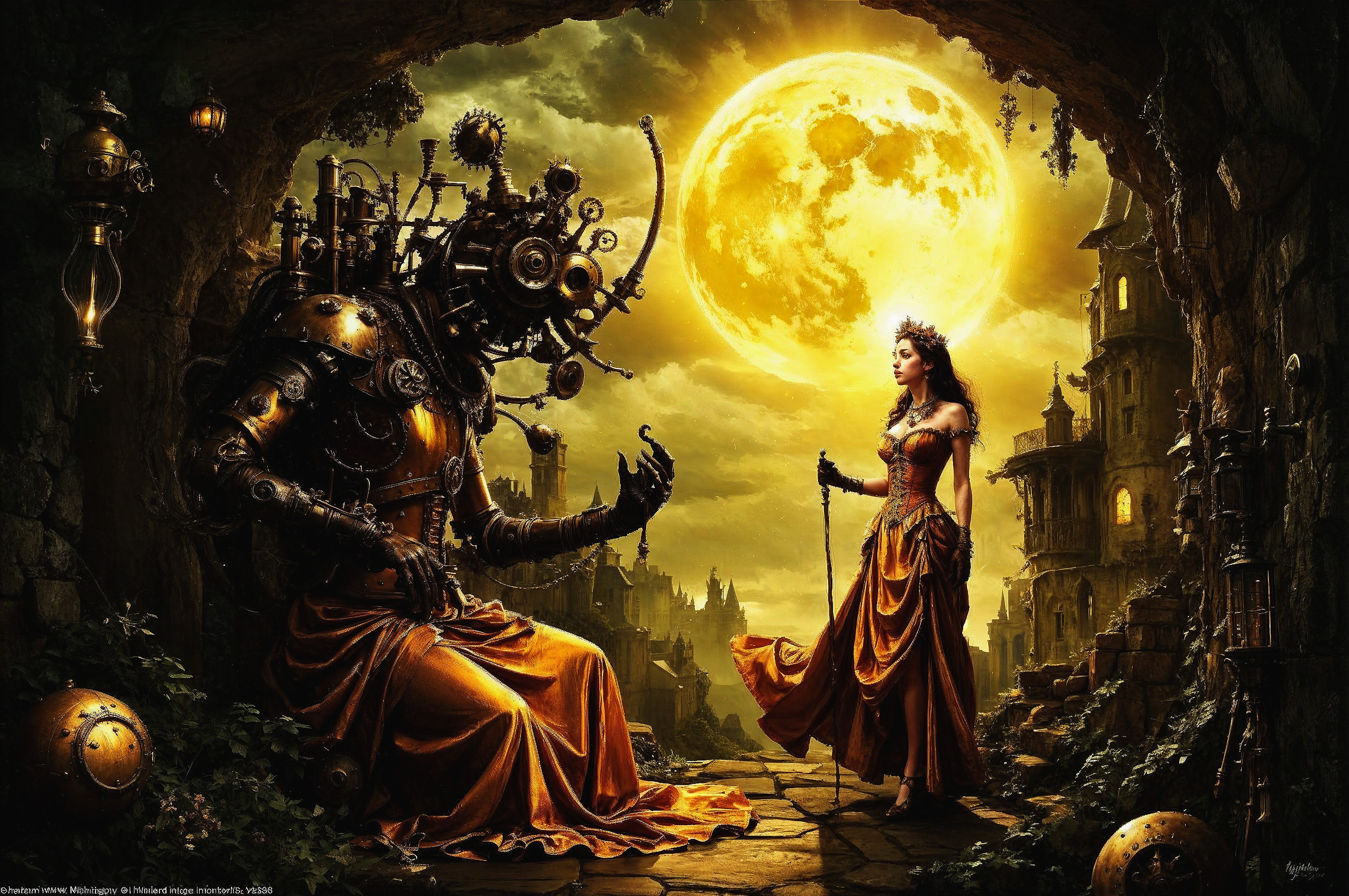 Regal Woman and Steampunk Figure Under Glowing Moon