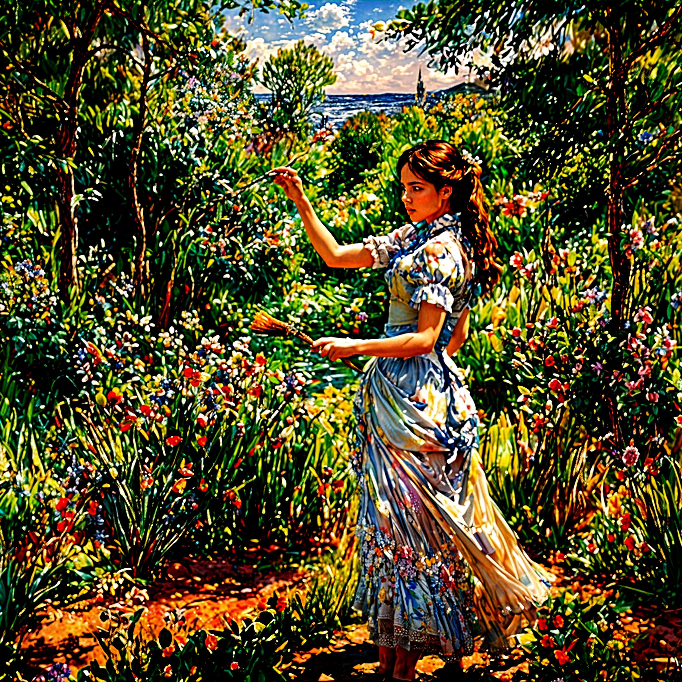 Young Woman in a Lush Garden with Colorful Flowers