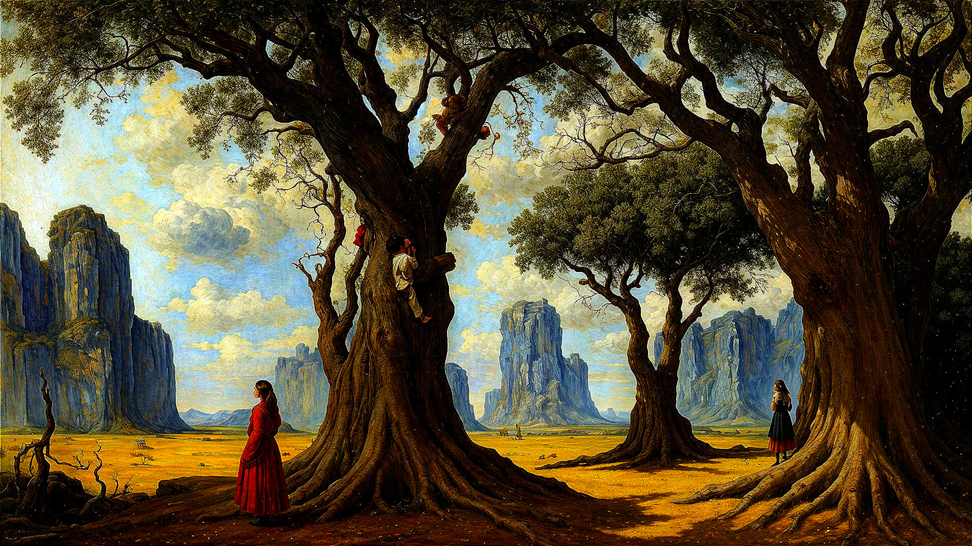 Serene landscape with trees, rocks, and figures