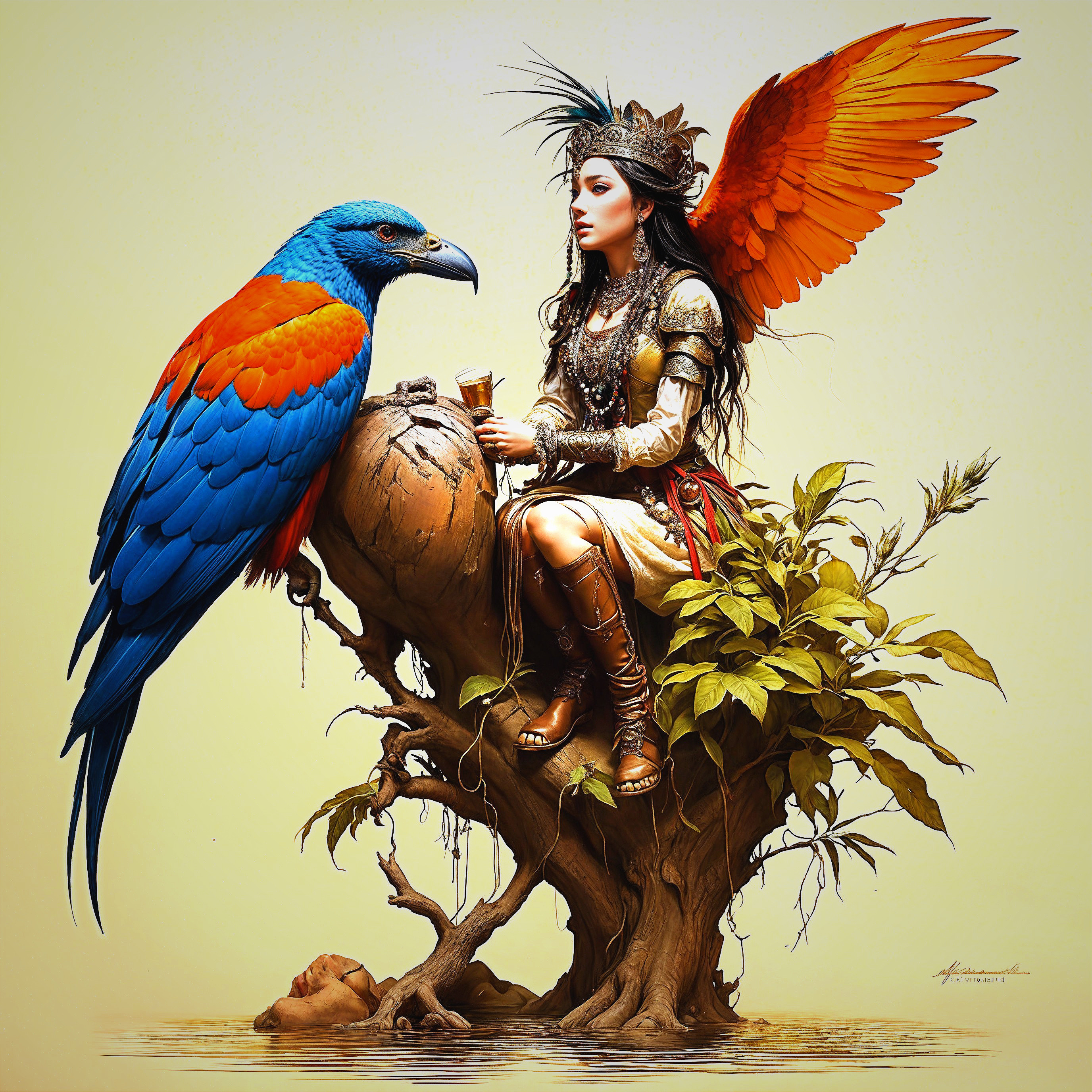 Woman in Armor with Colorful Wings on Twisted Tree