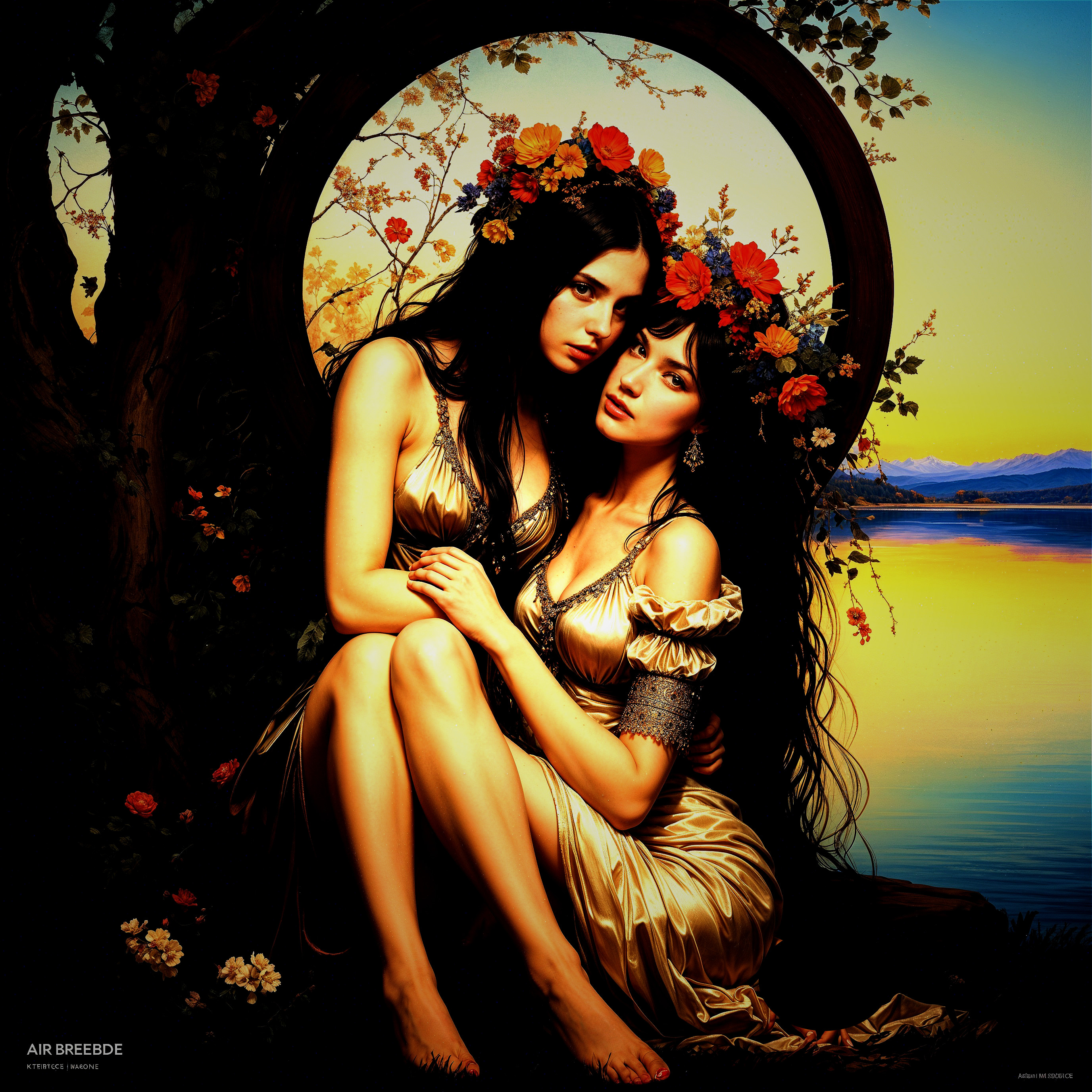 Ethereal Women in Golden Dresses Amidst Sunset Flowers