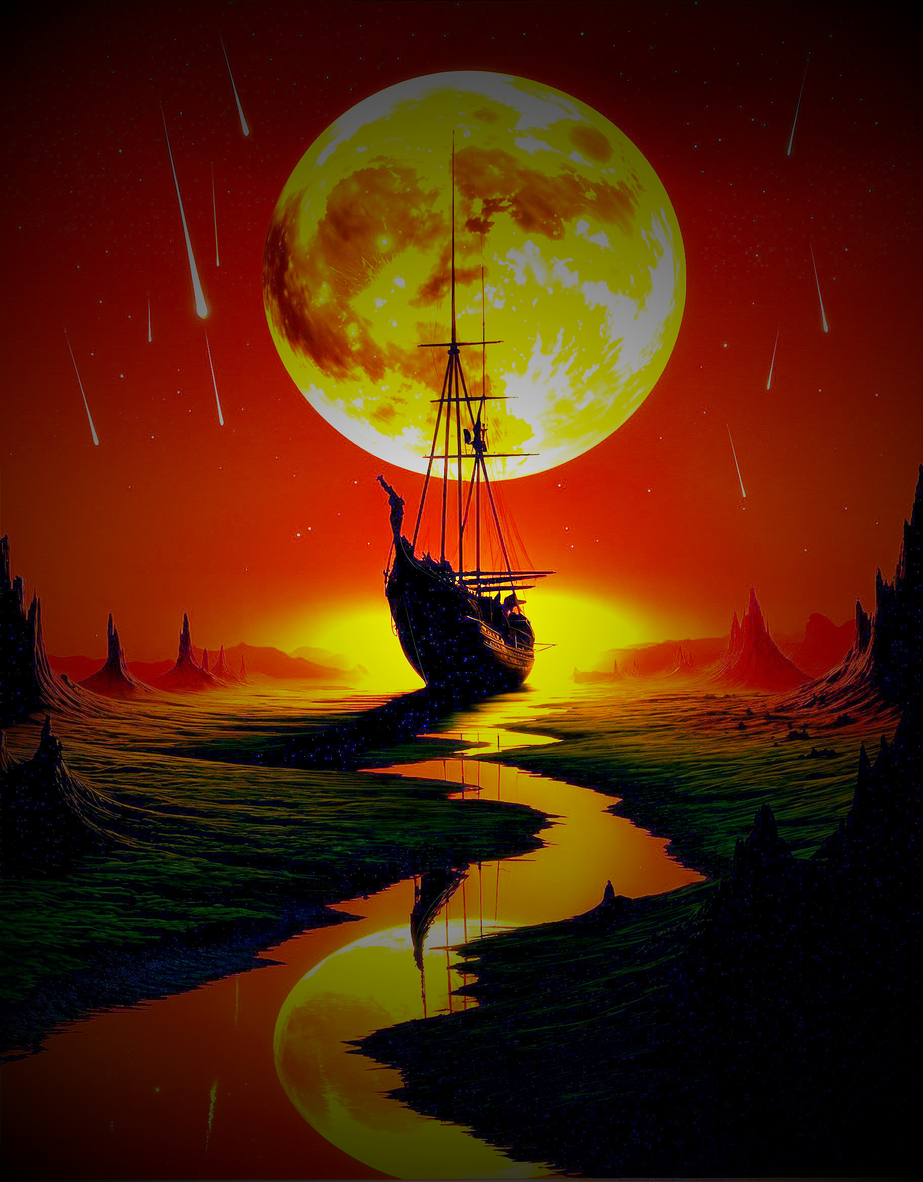 Majestic ship sailing under vibrant orange sky and moon