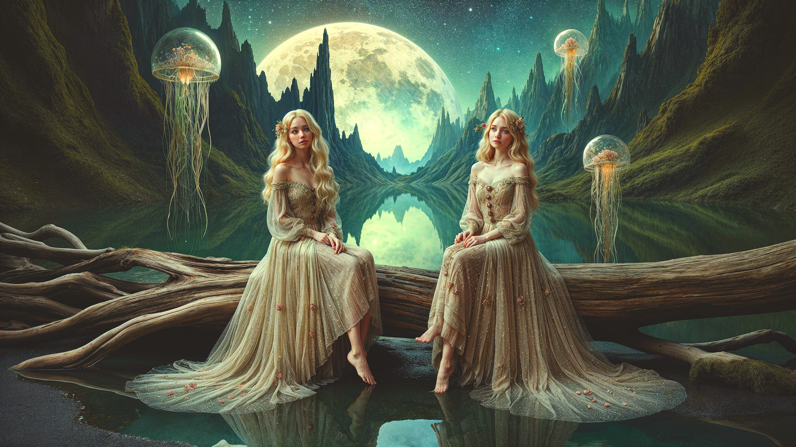Ethereal Figures in Mystical Moonlit Landscape