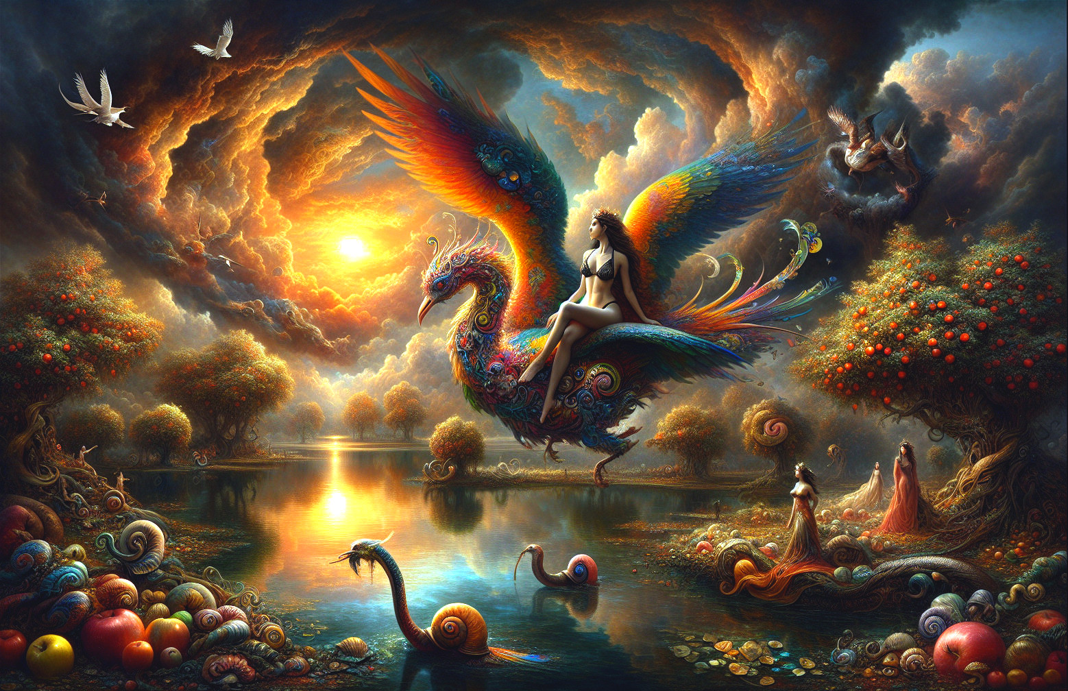Surreal Landscape with Majestic Bird and Ethereal Beings